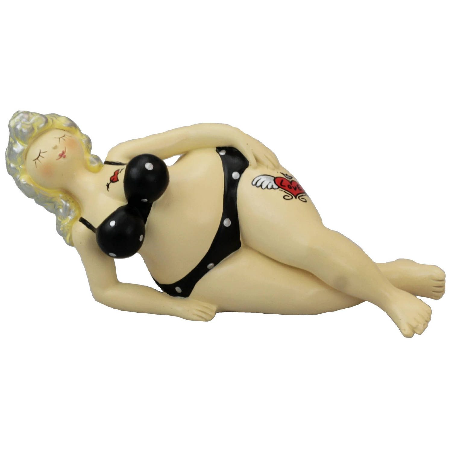 Inware Home decoratie beeldje dikke dame - liggend - zwart badpak - 17 cm