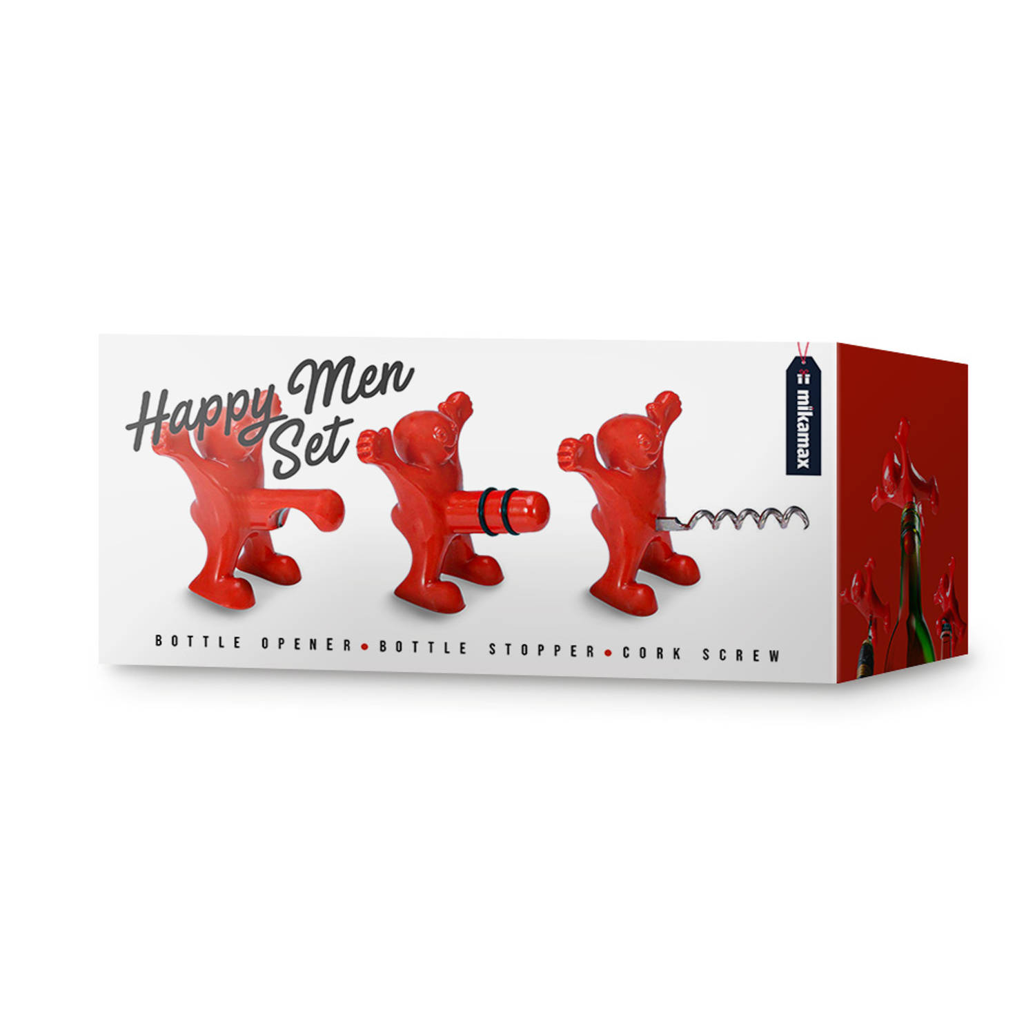 Happy Man Set Flesopener Kurkentrekker Flessenstopper Set van 3 Original