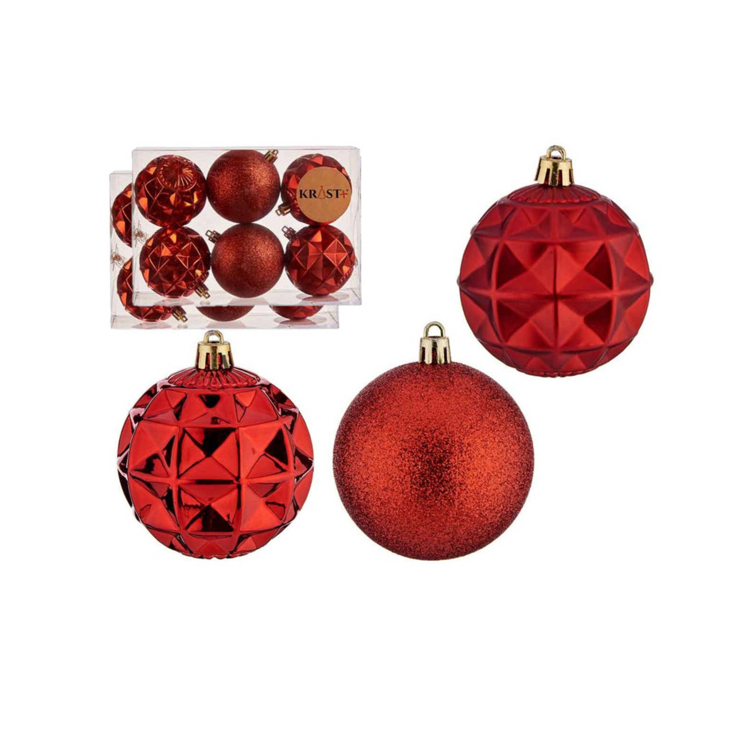 Krist+ kerstballen - 12x stuks - rood - kunststof - gedecoreerd -7 cm - Kerstbal