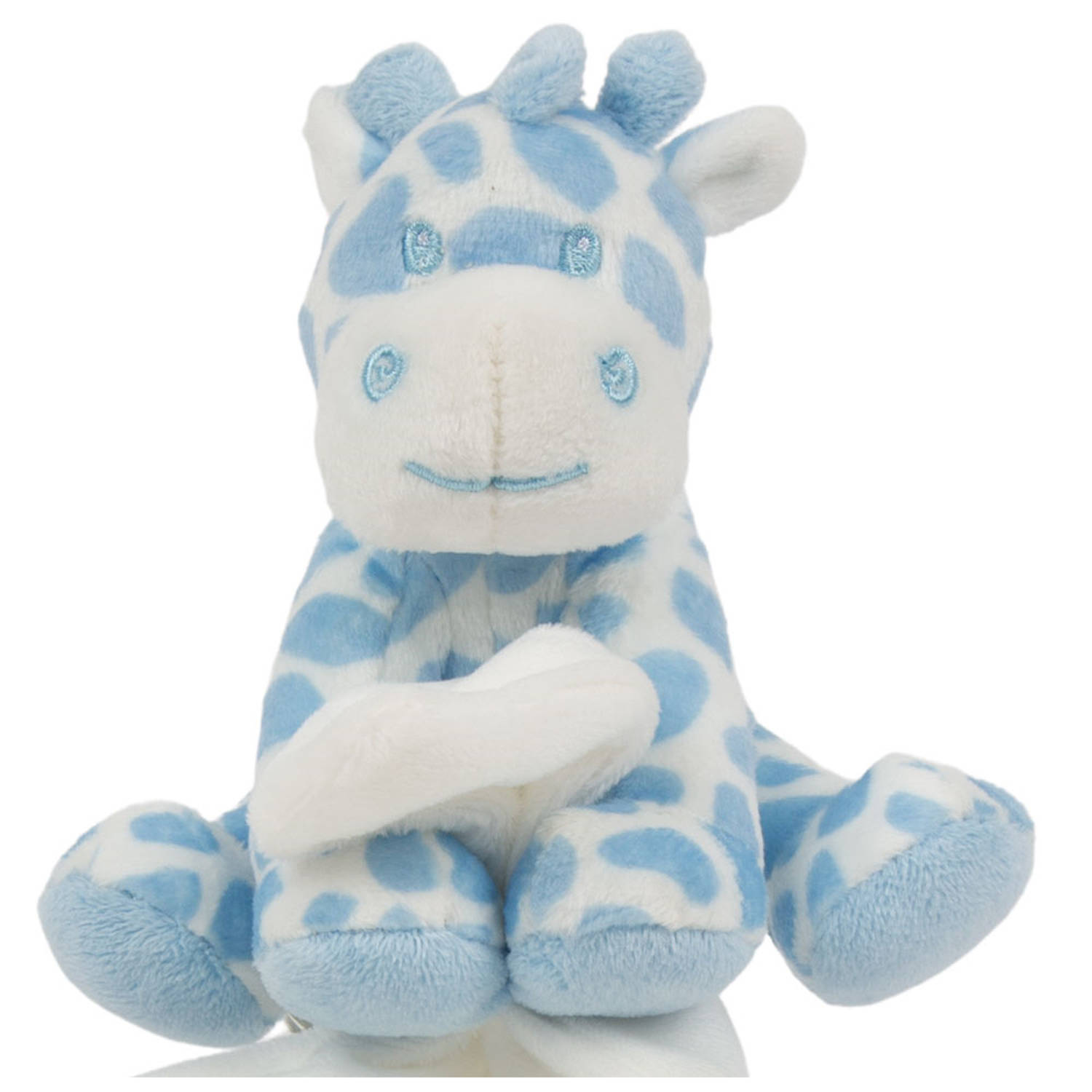 Suki Gifts pluche gevlekte giraffe knuffeldier - tuttel doekje - blauw/wit - 30 cm - Hoge kwaliteit knuffels