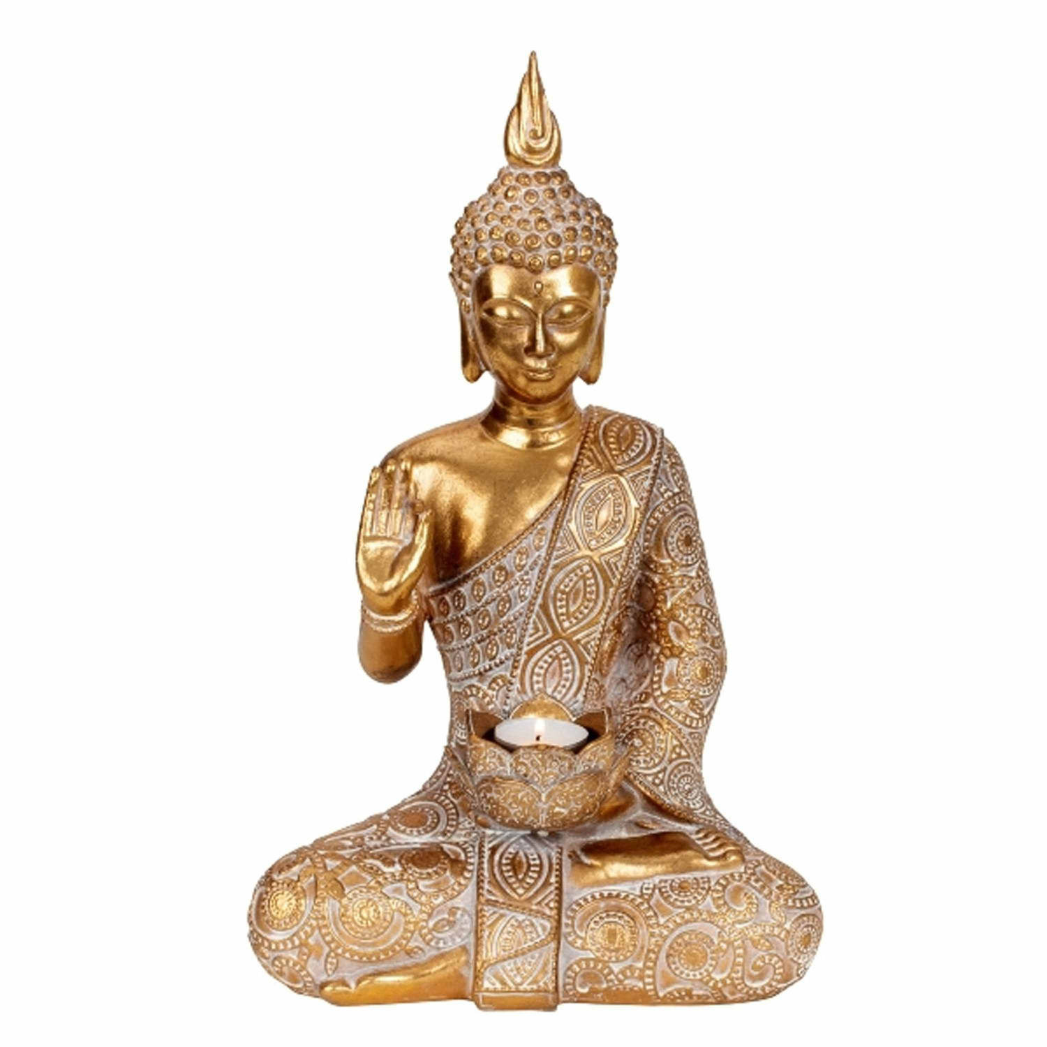 Boeddha beeldje met theelichthouder binnen-buiten kunststeen goud 38 x 23 cm Beeldjes
