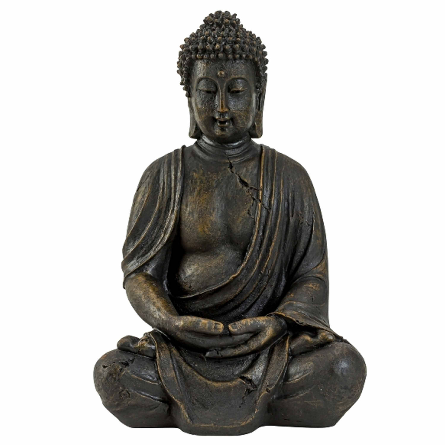 Boeddha beeldje zittend binnen-buiten kunststeen antiek bruin 38 x 25 cm Beeldjes