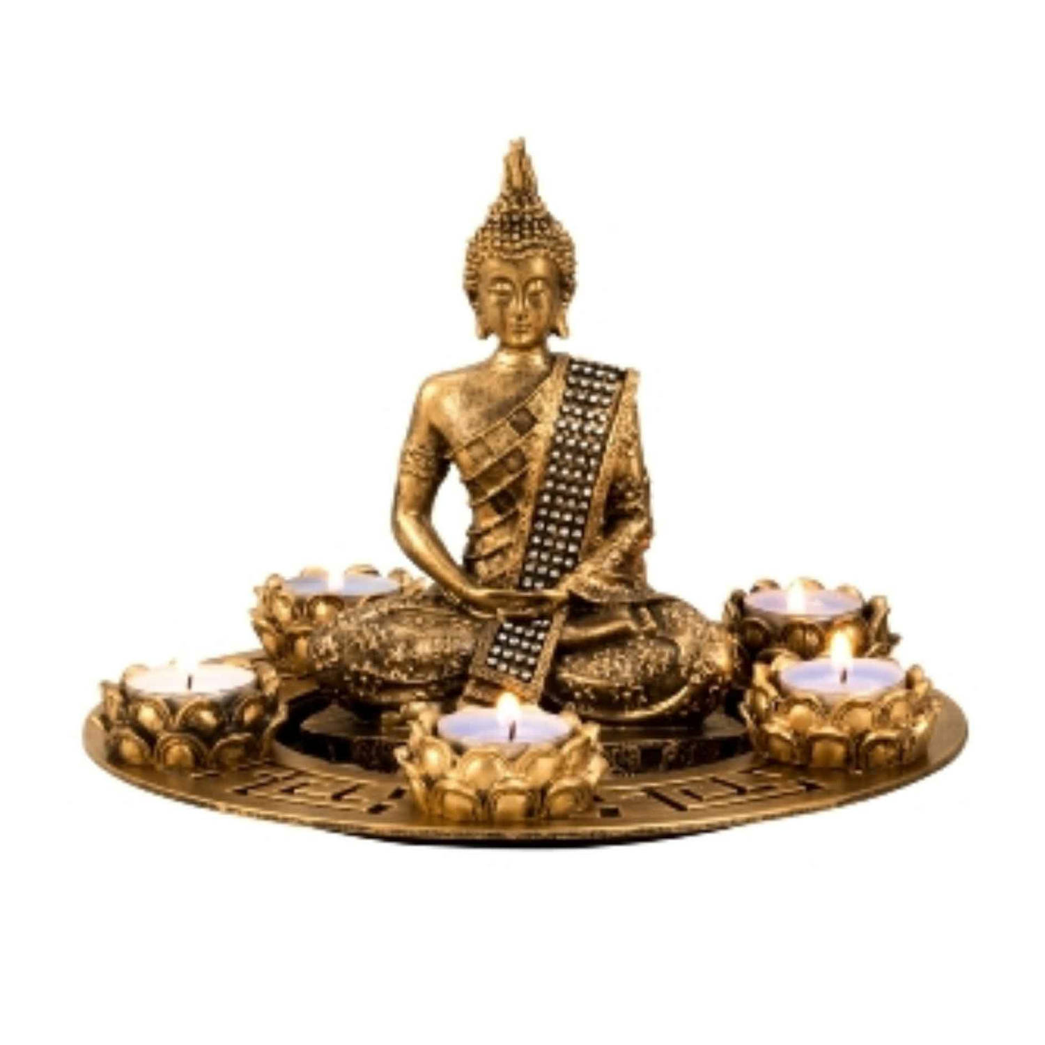 Boeddha beeldje met 5 kaarshouders op schaal kunststeen goud 27 x 20 cm deco artikel Beeldjes