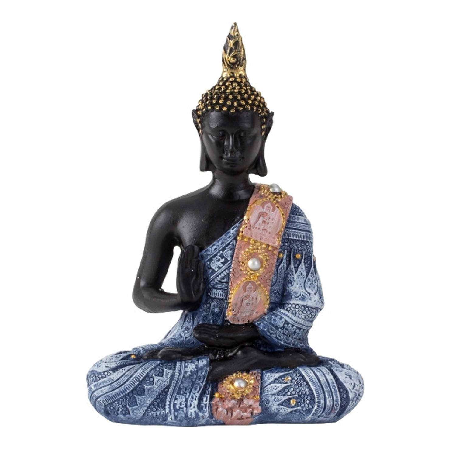 Boeddha beeldje zittend binnen-buiten kunststeen zwart-blauw 15 x 10 cm Beeldjes