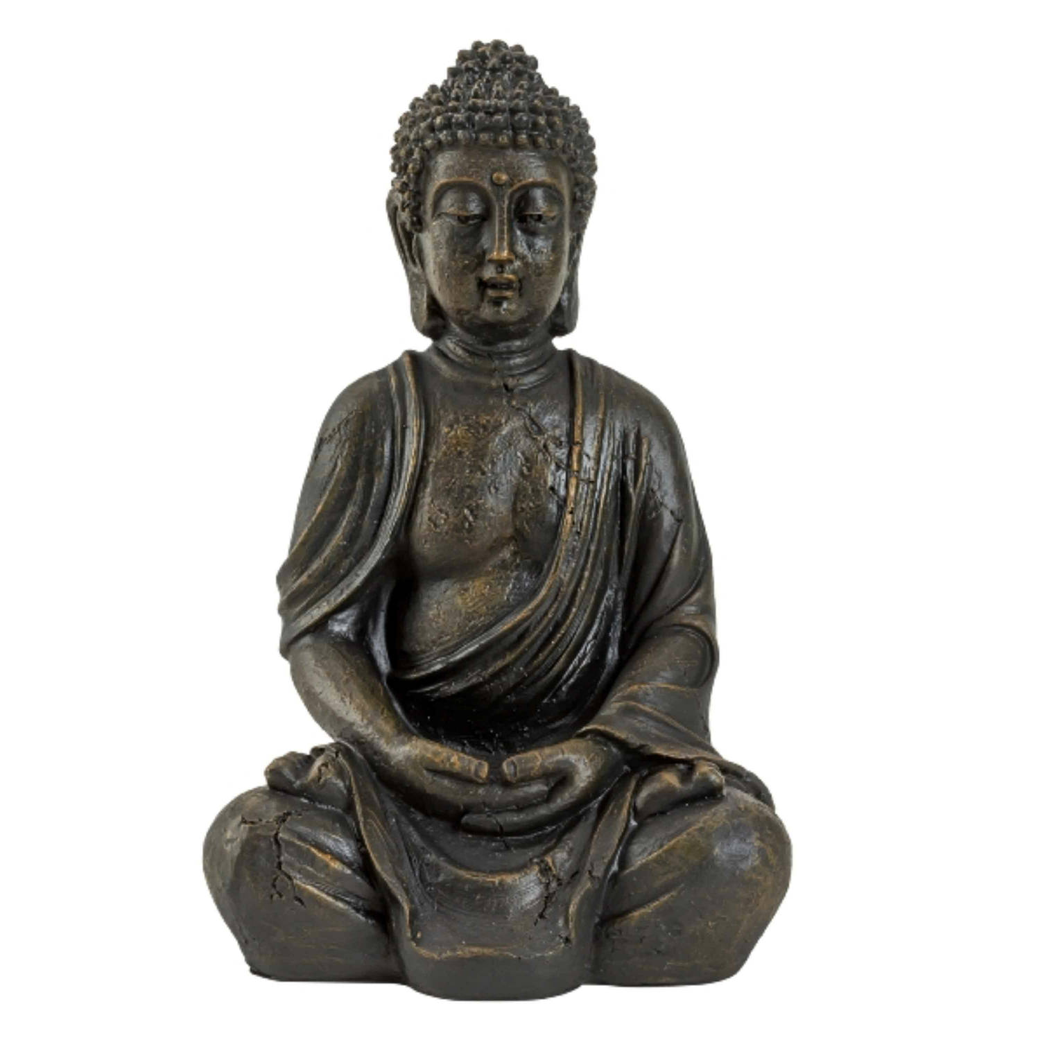 Boeddha beeldje zittend binnen-buiten kunststeen antiek bruin 30 x 20 cm Beeldjes