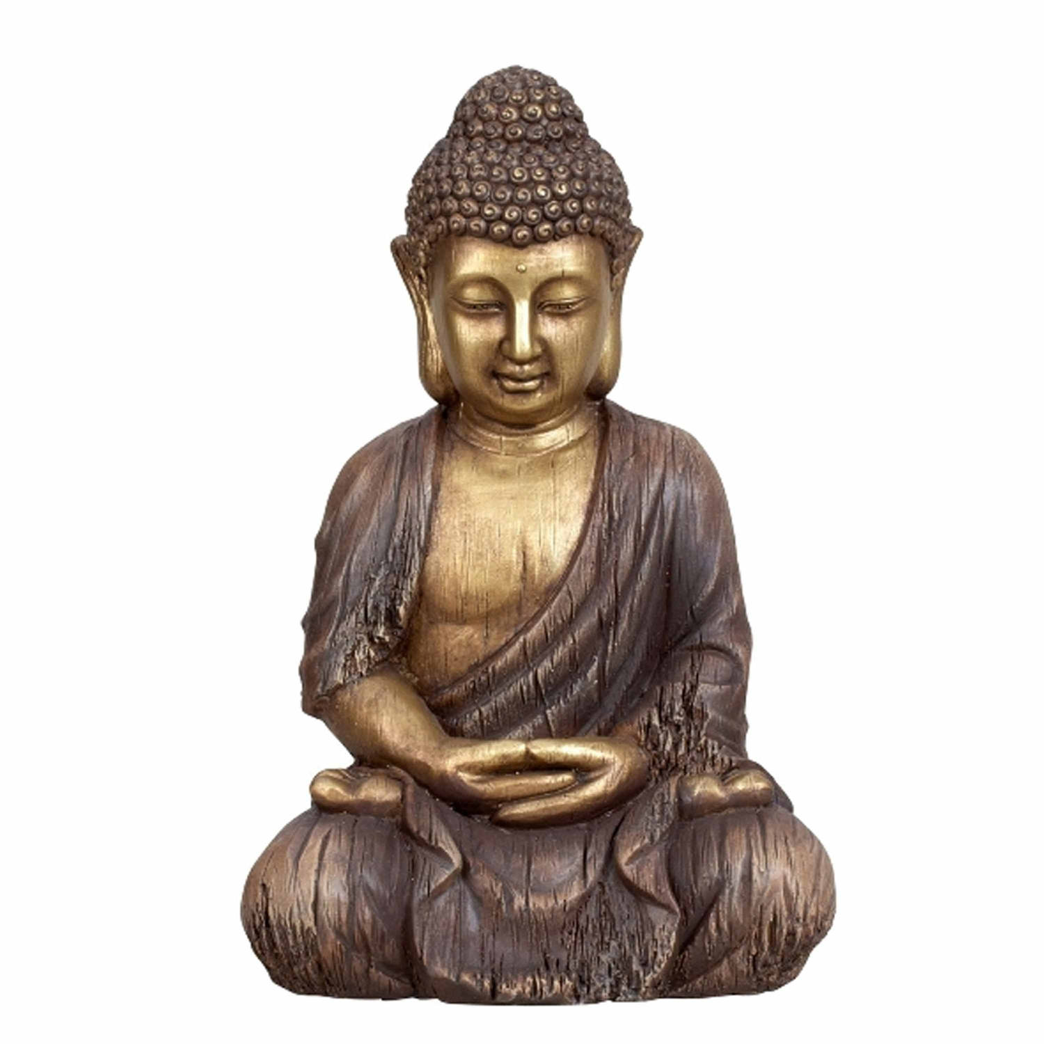 Boeddha beeldje zittend binnen-buiten kunststeen bruin-goud 30 x 45 cm Beeldjes