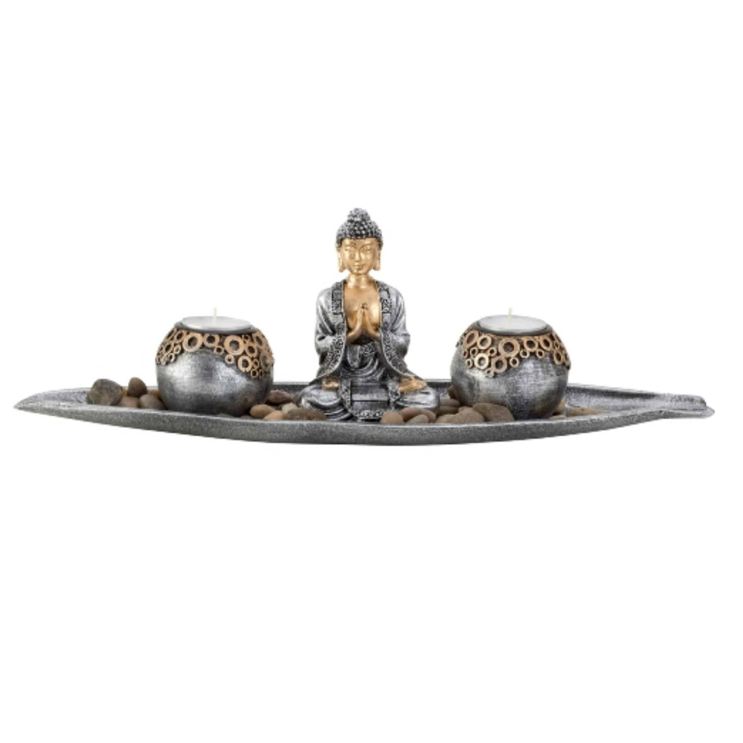 Boeddha decoratie beeldje met 2 kaarshouders op schaal kunststeen zilver-bruin 30 x 11 cm Beeldjes