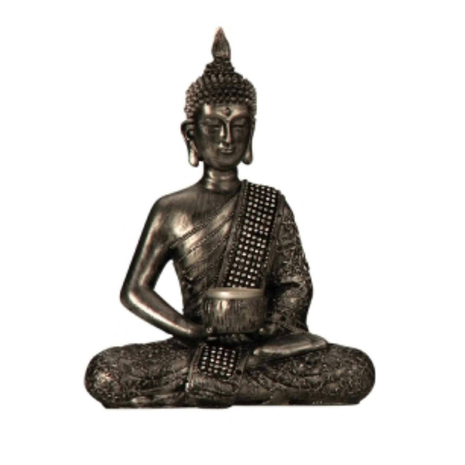 Boeddha decoratie beeldje met kaarshouder kunststeen zilver 26 x 20 cm Beeldjes