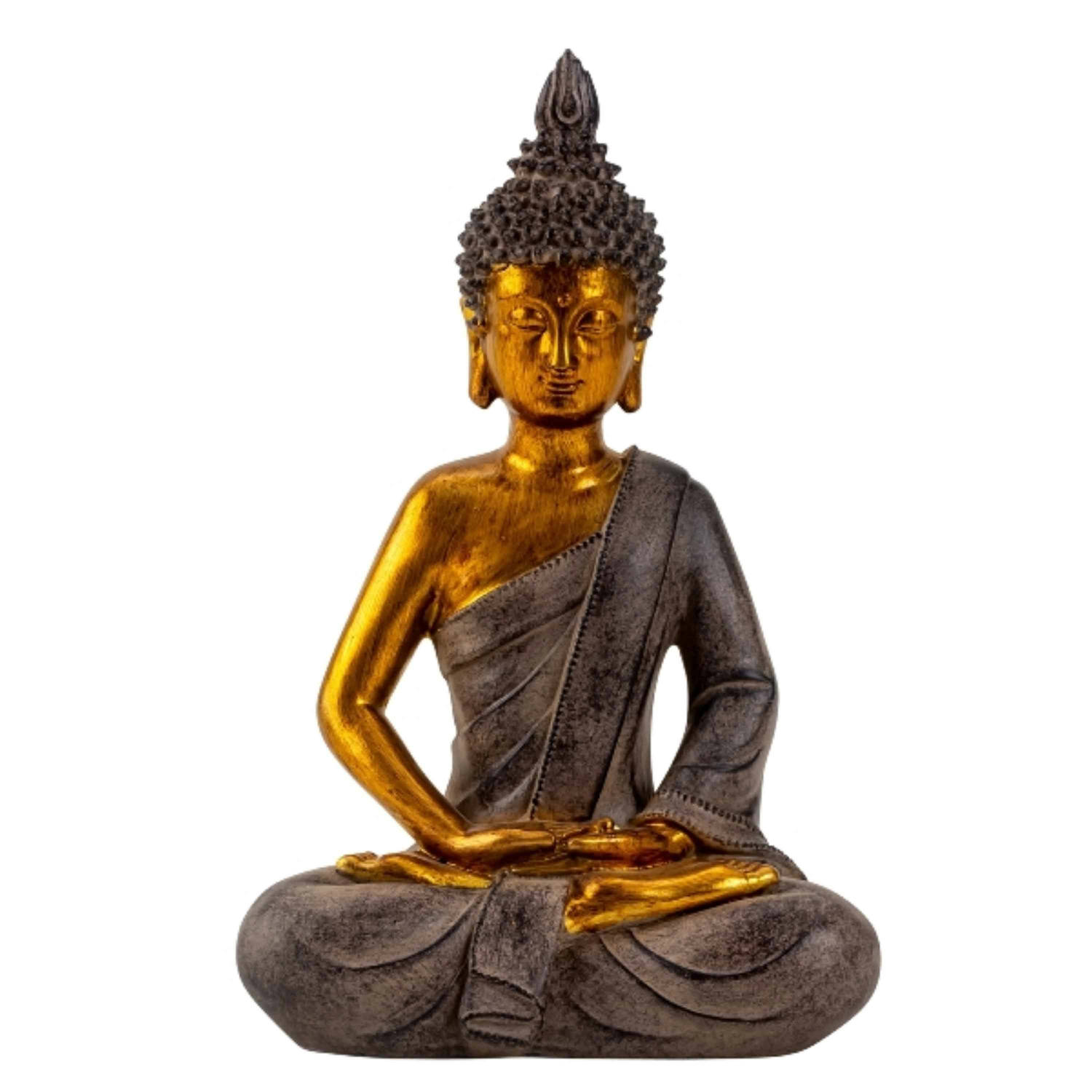 Boeddha beeldje zittend binnen-buiten kunststeen betongrijs-goud 26 x 17 cm Beeldjes