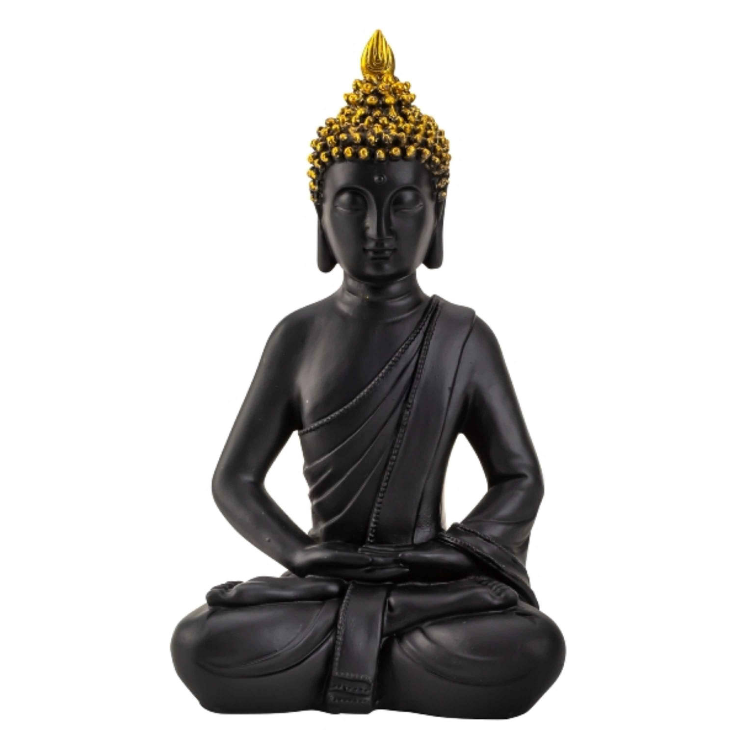 Boeddha beeldje zittend binnen-buiten kunststeen zwart-goud 30 x 17 cm Beeldjes