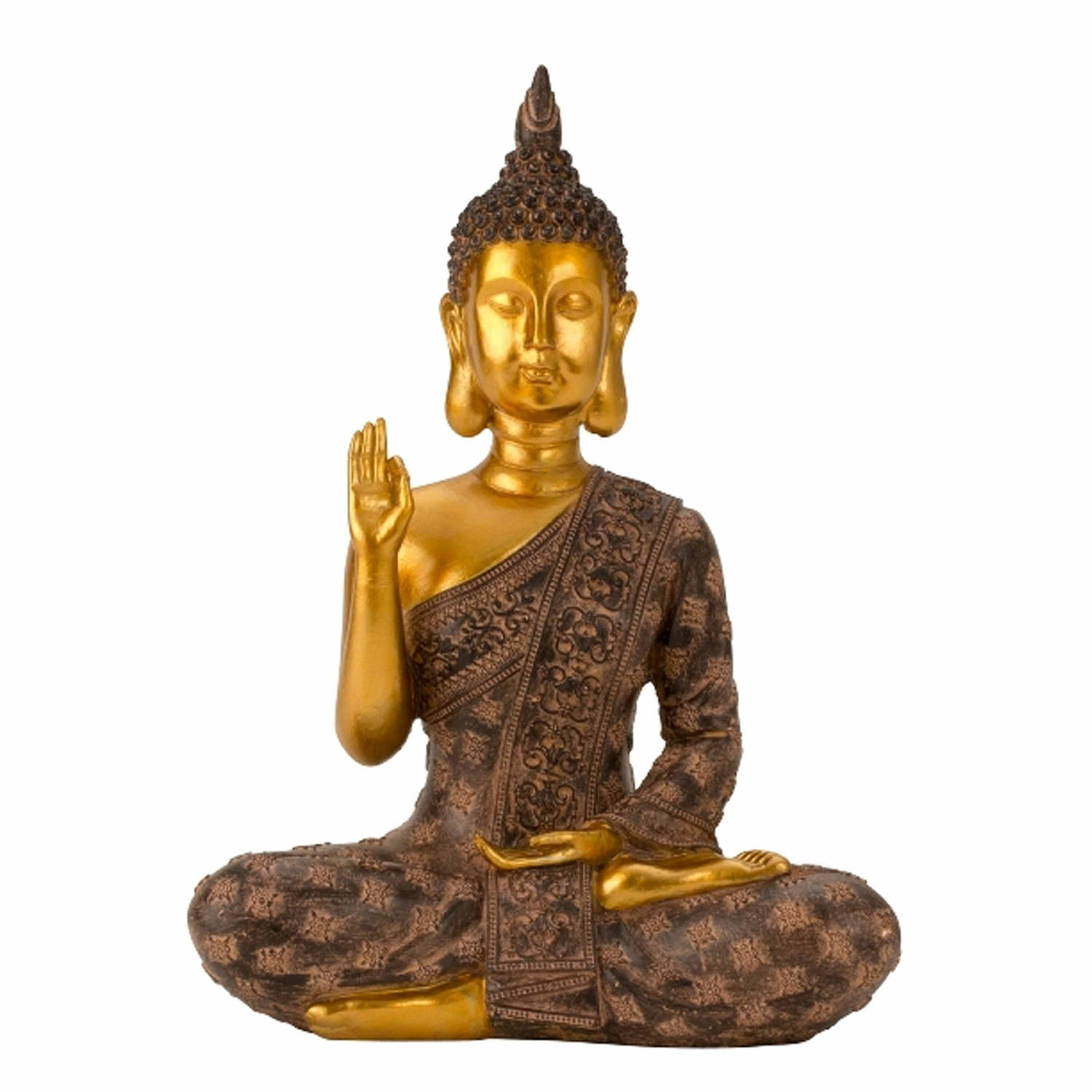 Boeddha beeldje zittend binnen-buiten kunststeen zwart-goud 20 x 28 cm Beeldjes