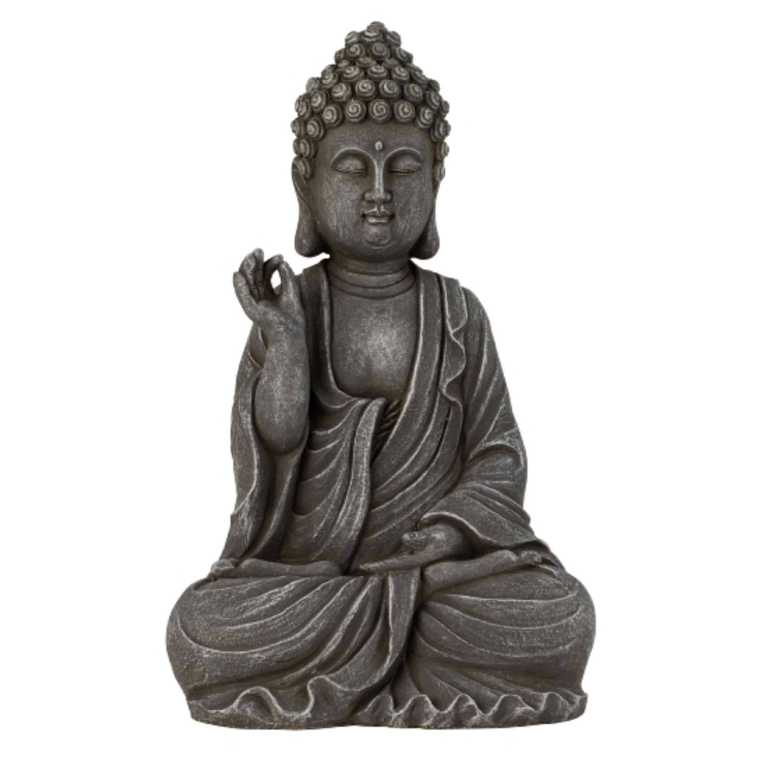 Boeddha beeldje Chill binnen-buiten kunststeen antiek grijs 39 x 24 cm Beeldjes