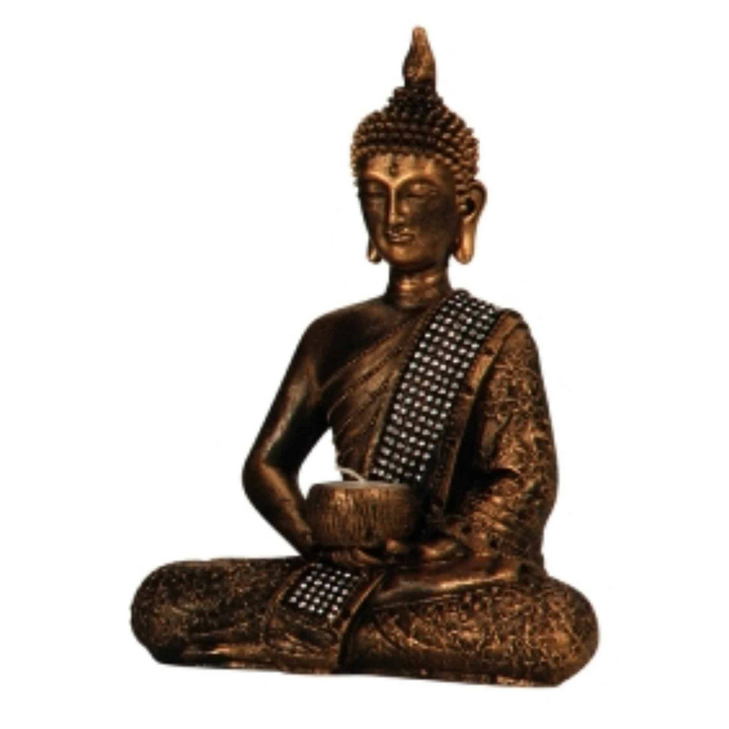 Boeddha decoratie beeldje met kaarshouder kunststeen goud 26 x 20 cm Beeldjes