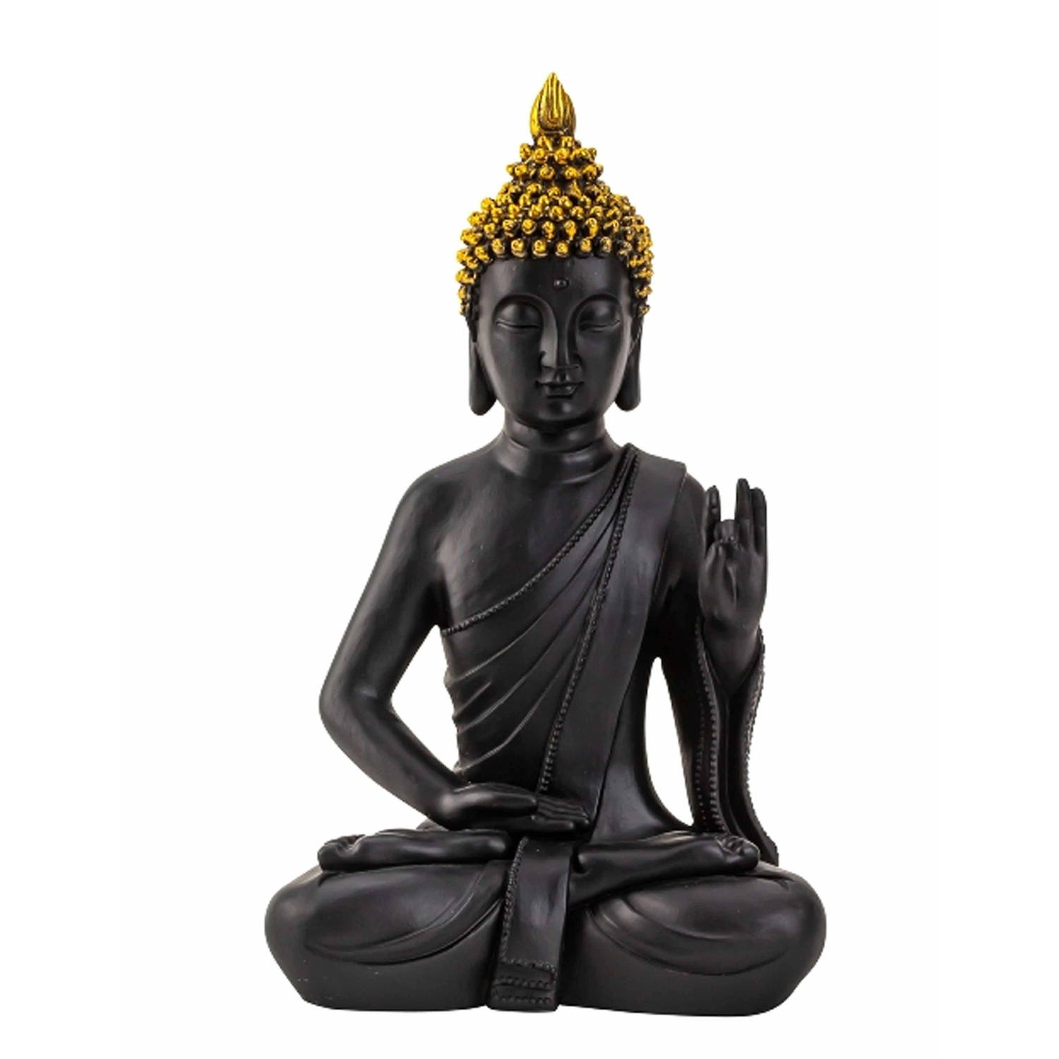 Boeddha beeldje zittend binnen-buiten kunststeen zwart-goud 31 x 18 cm Beeldjes