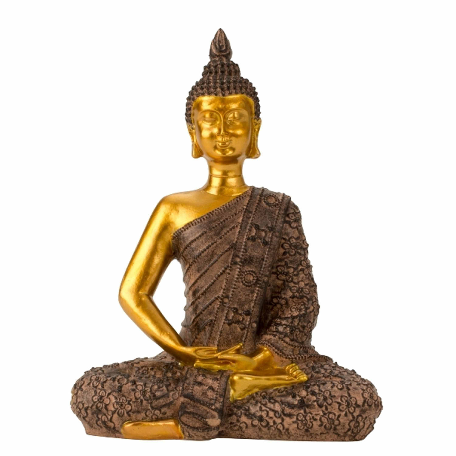 Boeddha beeldje zittend binnen-buiten kunststeen zwart-goud 17 x 23 cm Beeldjes