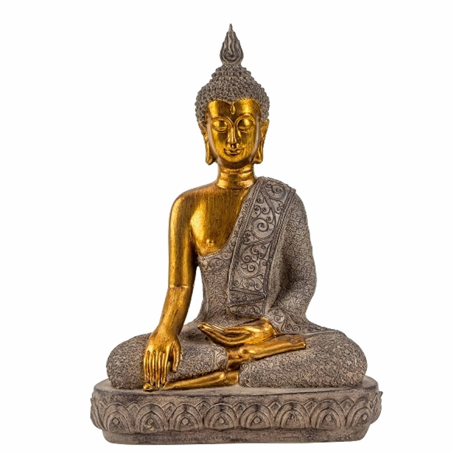 Boeddha beeldje zittend binnen-buiten kunststeen betongrijs-goud 27 x 39 cm Beeldjes