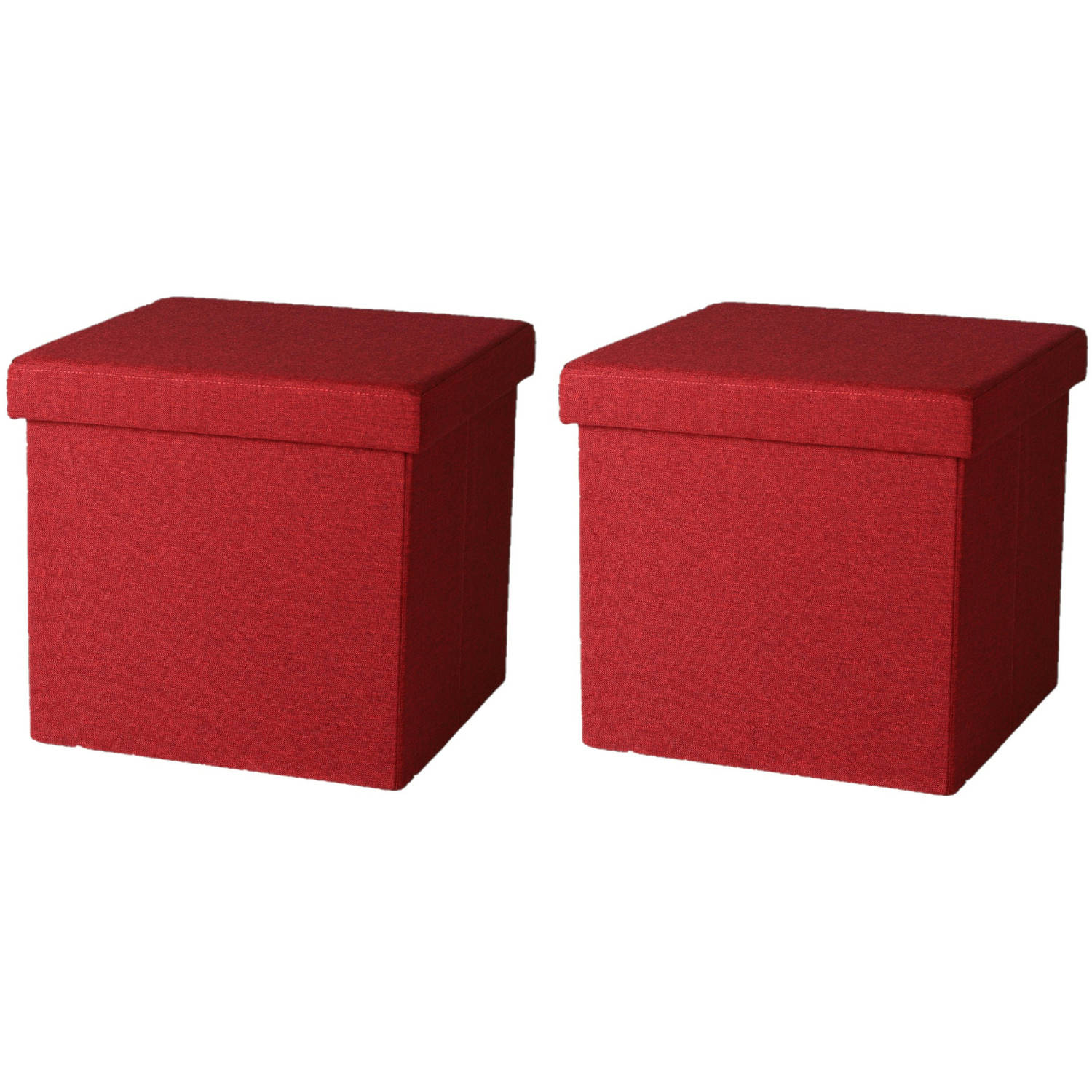 Urban Living Poef-hocker 2x opbergbox zit krukje rood linnen-mdf 37 x 37 cm opvouwbaar Poefs