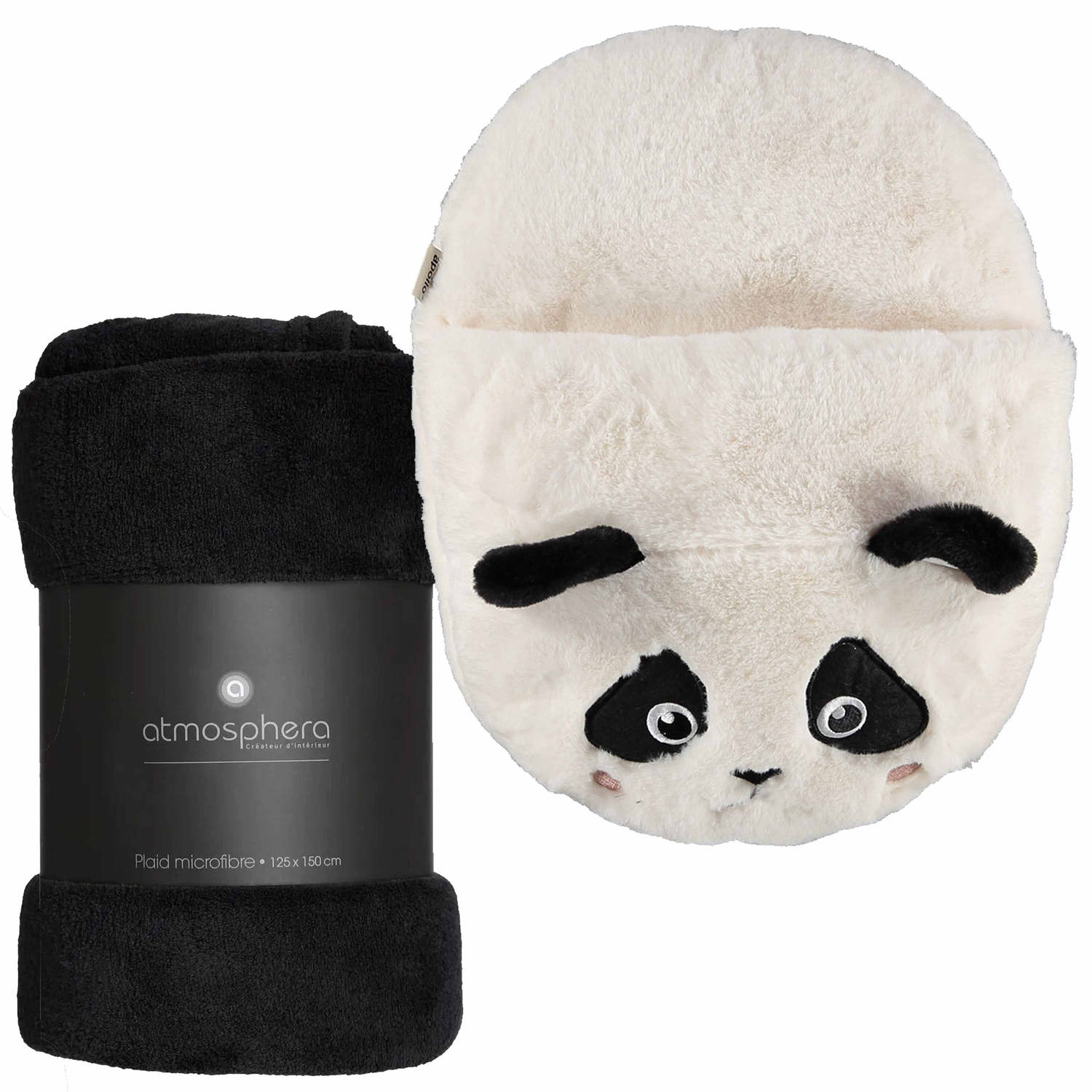 Fleece deken zwart 125 x 150 cm met voetenwarmer slof panda beer one size Voetenwarmers