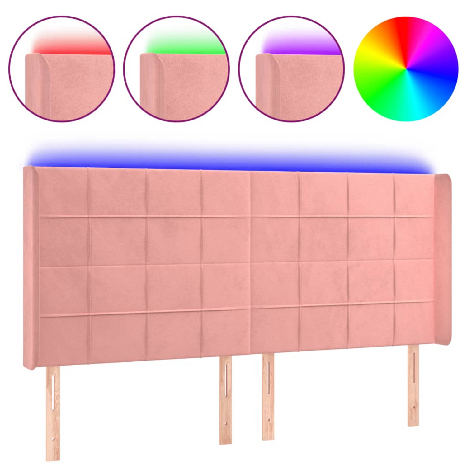 The Living Store Hoofdbord Zacht Fluweel - Verstelbaar - Comfortabele ondersteuning - Snijdbare LED-strip - Roze