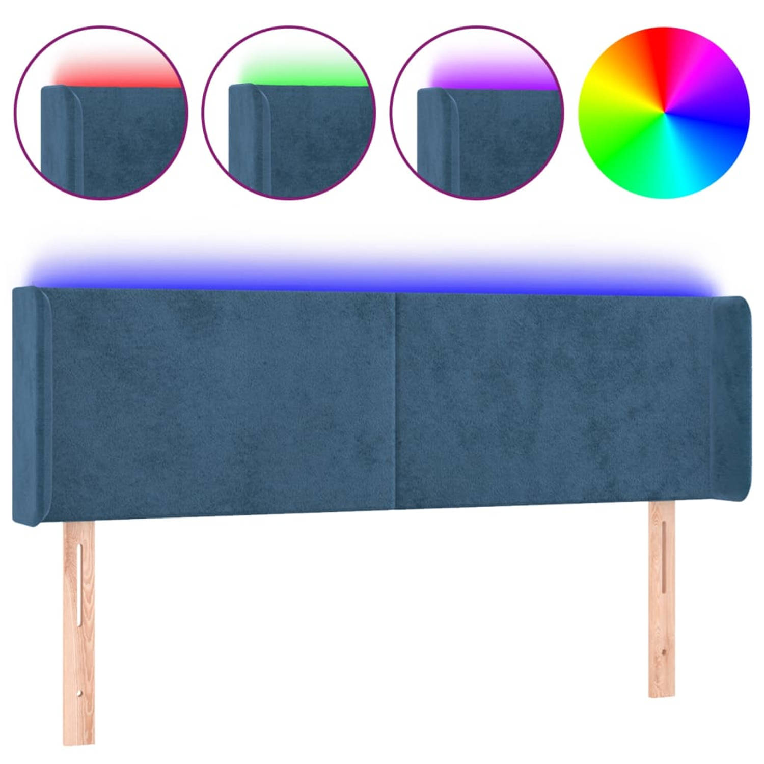 The Living Store Hoofdbord LED-Donkerblauw - 147 x 16 x 78/88 cm - Fluwelen stof - Verstelbare hoogte - Comfortabele ondersteuning - Snijdbare LED-strip - Montagehandleiding inbegr