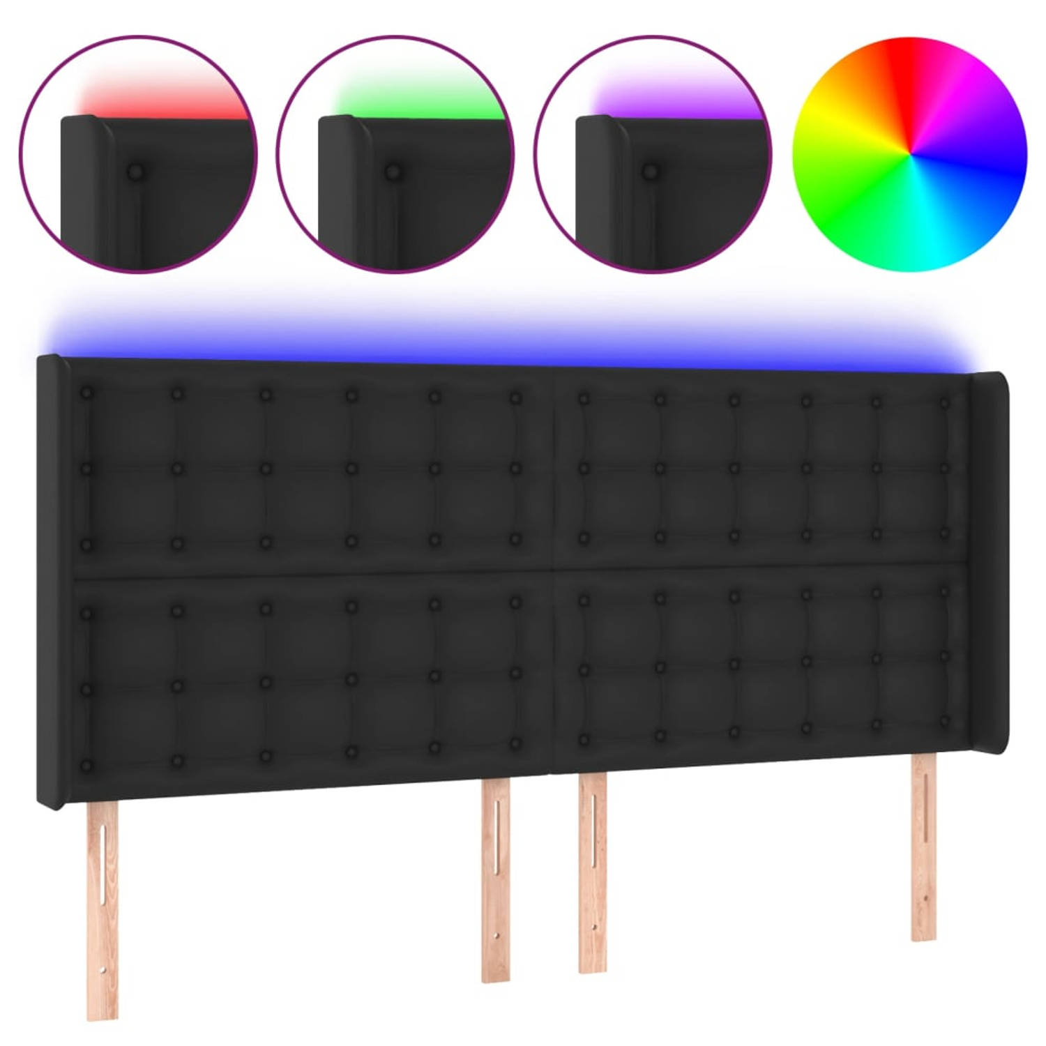The Living Store Hoofdbord LED - Zwart - 163 x 16 x 118/128 cm - Duurzaam kunstleer - Kleurrijke LED-verlichting - Verstelbare hoogte - Comfortabele ondersteuning - Snijdbare LED-s
