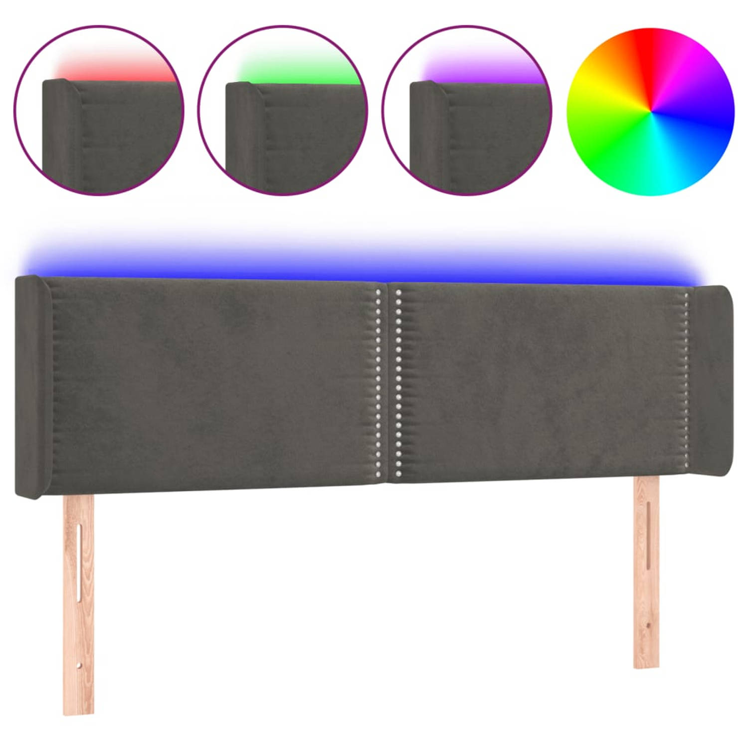 The Living Store Hoofdbord - Klassiek LED-hoofdbord - Bedaccessoires - Afmeting- 147 x 16 x 78/88 cm - Kenen- Zacht fluweel - Kleurrijke LED-verlichting - Verstelbare hoogte - Comf