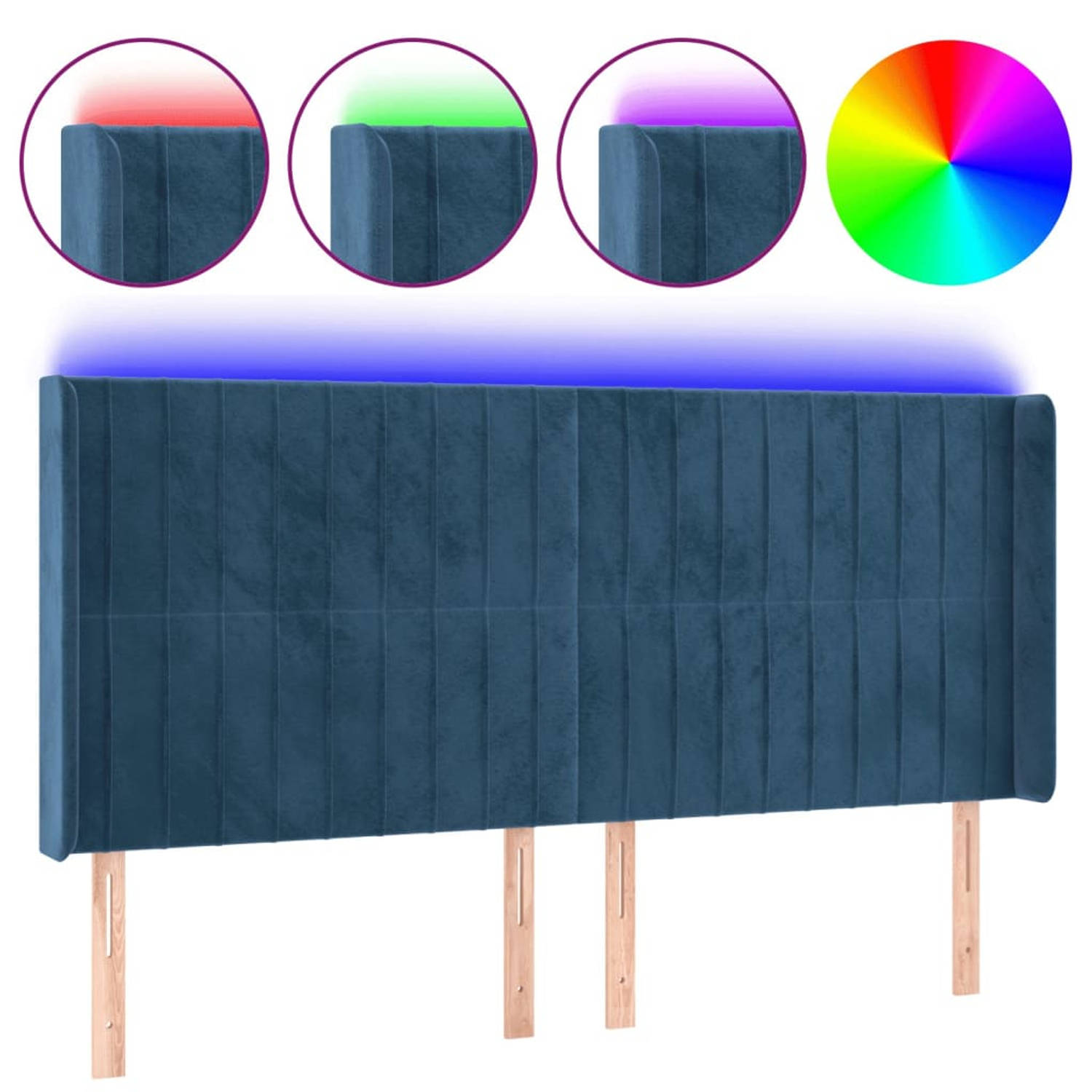 The Living Store Hoofdbord LED-hoofdbord - donkerblauw - 203 x 16 x 118/128 cm - verstelbare hoogte - LED-verlichting - snijdbare LED-strip - USB-aansluiting - montagehandleiding i