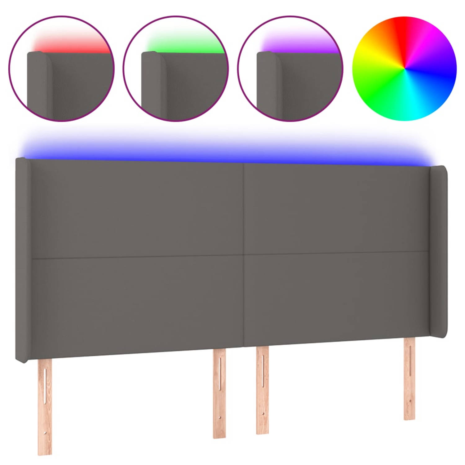 The Living Store Hoofdbord LED Grijs - Kunstleer - 203x16x118/128 - Verstelbaar - Duurzaam - Kleurrijke LED