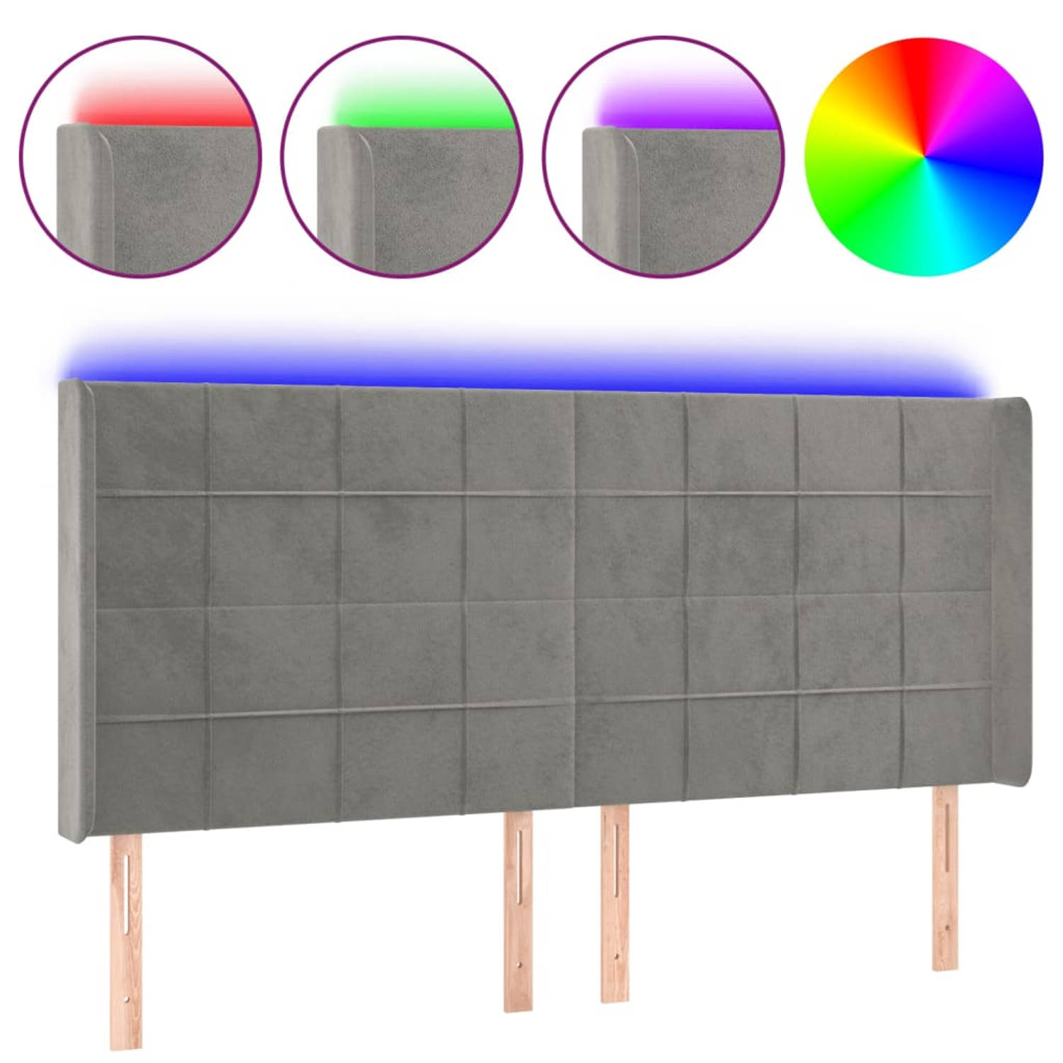 The Living Store Hoofdbord LED 183x16x118/128 cm fluweel lichtgrijs - Bedonderdeel