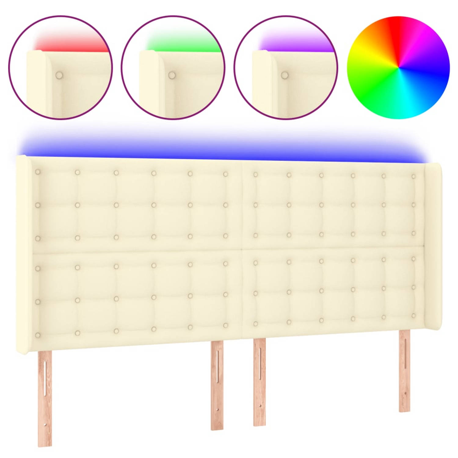 The Living Store Hoofdbord LED-crème - 203 x 16 x 118/128 cm - Duurzaam kunstleer - Kleurrijke LED-verlichting - Verstelbare hoogte