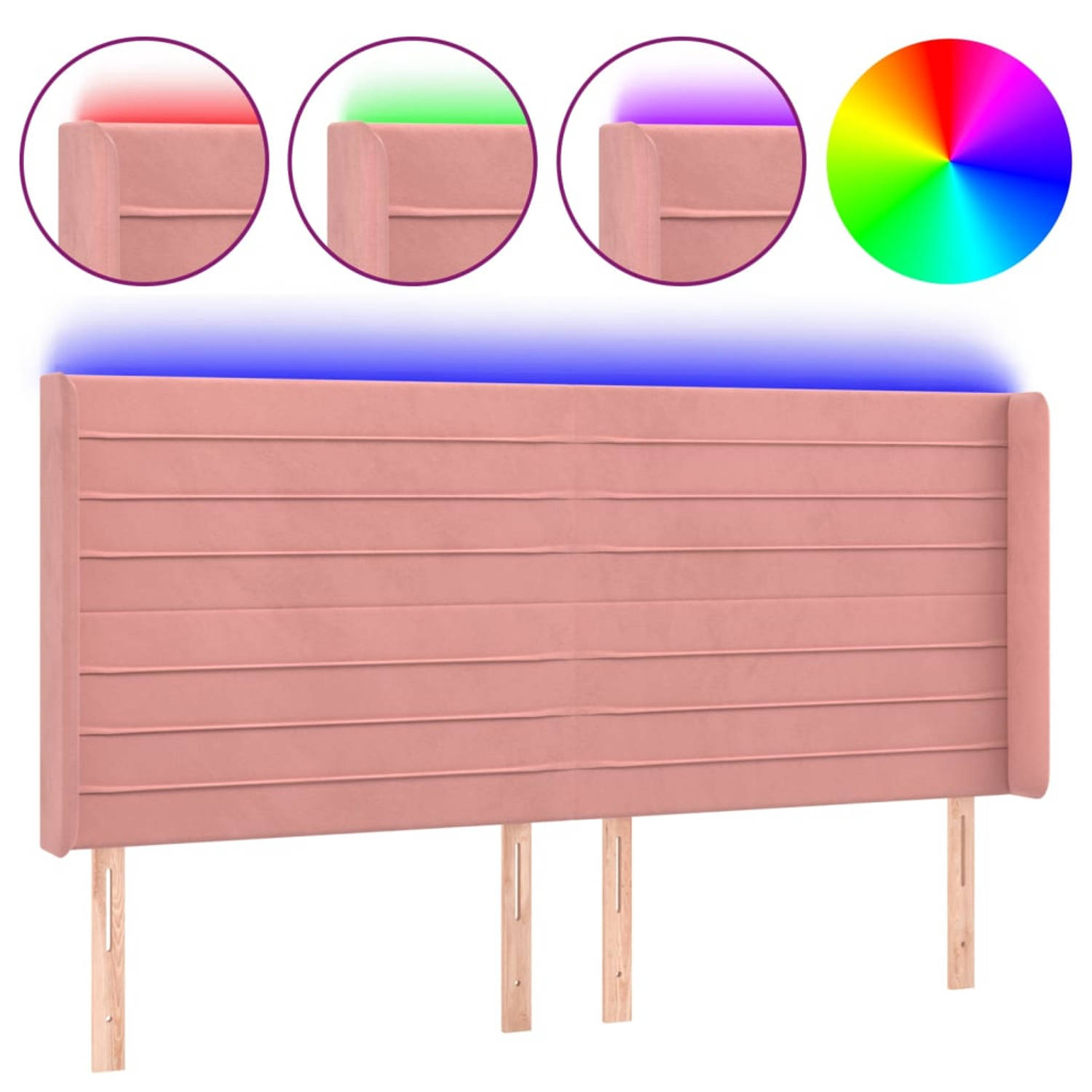 The Living Store Hoofdeinde Roze LED-Verlichting - Zacht Fluweel - Verstelbare Hoogte - Comfortabele Ondersteuning - Snijdbare LED-Strip - 203x16x118/128cm