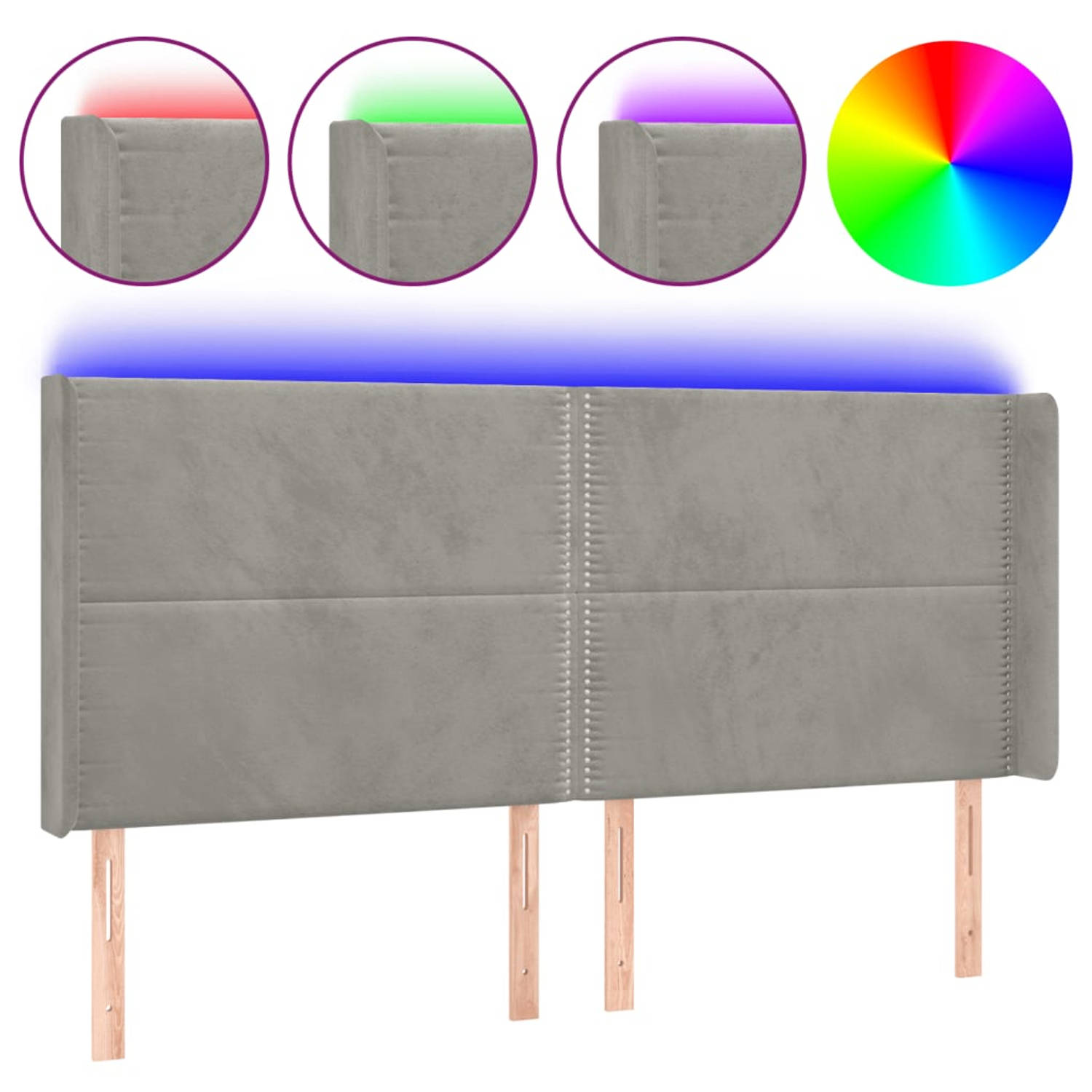 The Living Store Hoofdbord LED - lichtgrijs - 203 x 16 x 118/128 cm - Verstelbaar - Zacht fluweel - Kleurrijke LED-verlichting - Snijdbare LED-strip - Montagehandleiding inbegrepen