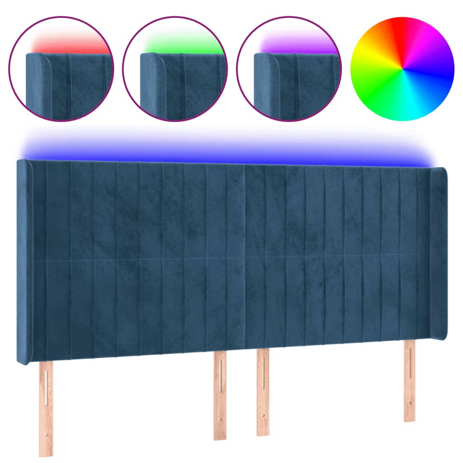 The Living Store Hoofdbord Dark Blue Velvet - 163x16x118/128cm - Adjustable Height - Comfortable Support - Cuttable LED Strip - USB Connection - Includes Manual - 2 LED Strips