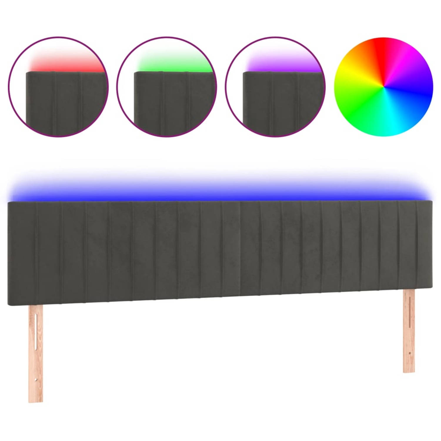 The Living Store Hoofdeind LED-hoofdbord - Donkergrijs - 200 x 5 x 78/88 cm - Verstelbaar - Fluwelen stof - Kleurrijke LED-verlichting - Snijdbare LED-strip