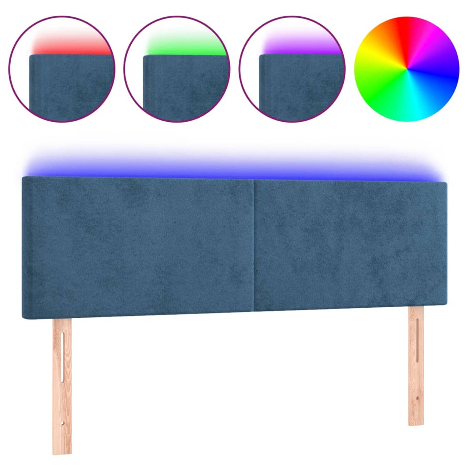 The Living Store Hoofdeinde LED-hoofdbord - donkerblauw - 144 x 5 x 78/88 cm - verstelbaar - fluweel - kleurrijke LED-verlichting - snijdbare LED-strip - inclusief 2 LED-strips - T