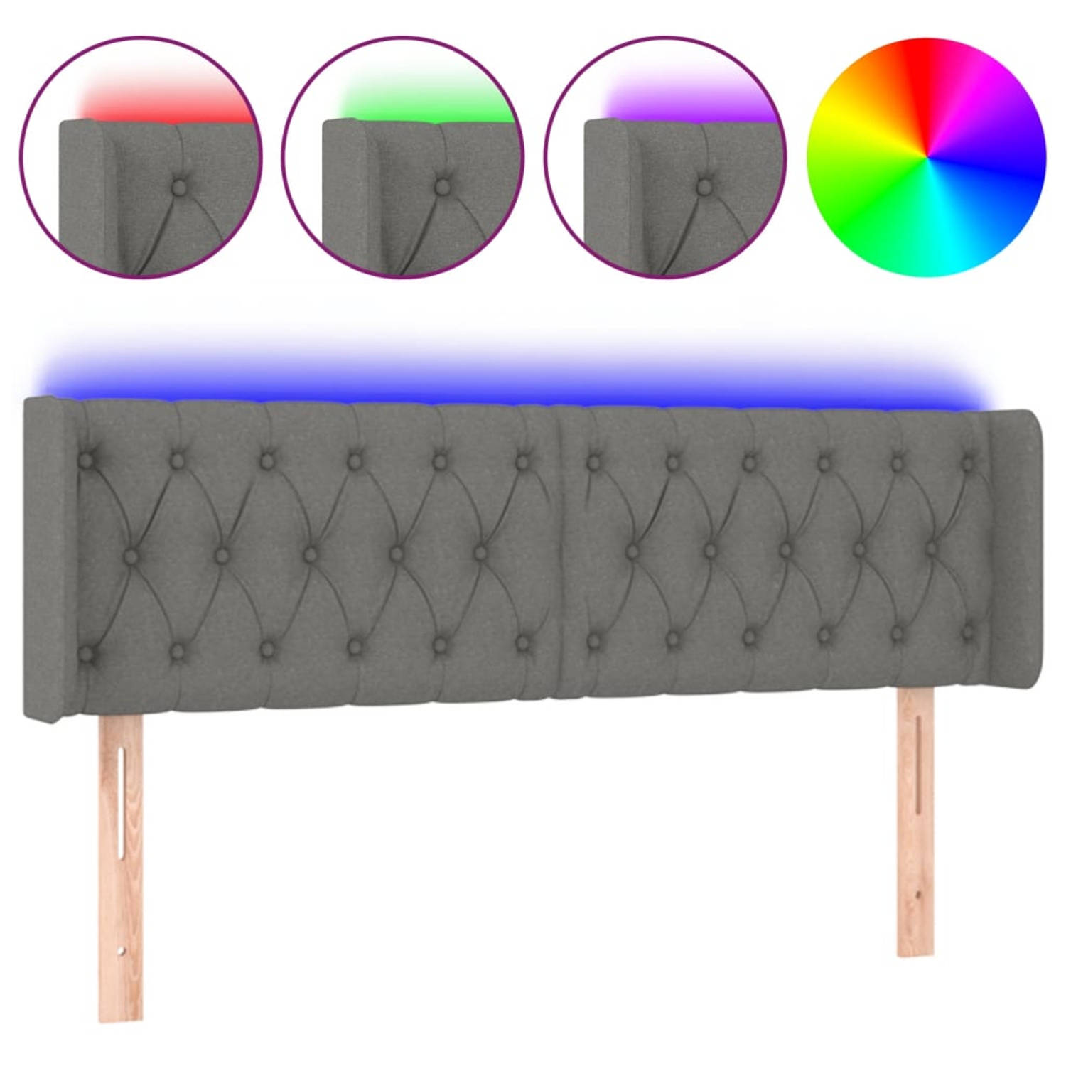 The Living Store Hoofdbord LED donkergrijs - 147 x 16 x 78/88 cm - verstelbaar - ademend en duurzaam stof - kleurrijke LED-verlichting