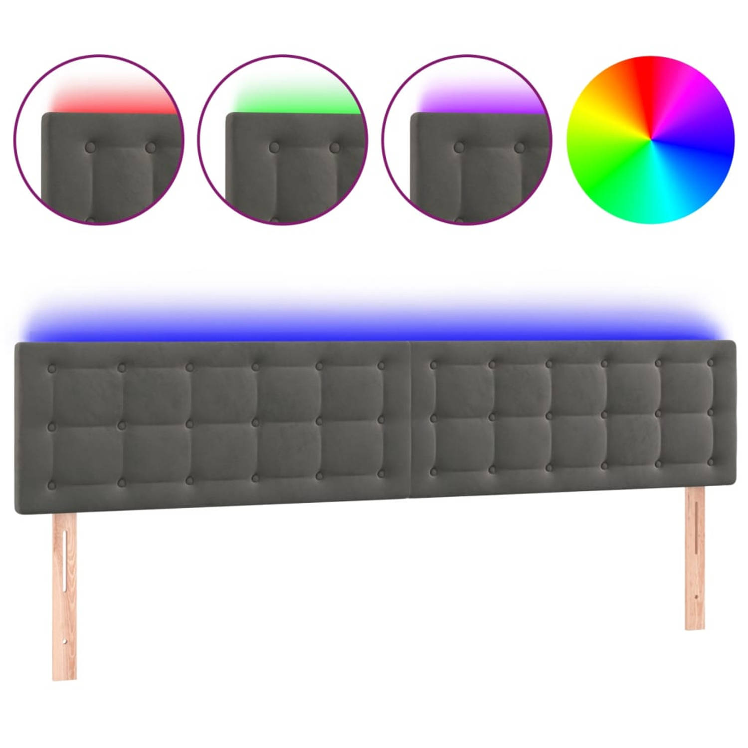 The Living Store Hoofdeinde LED-hoofdbord - fluweel - verstelbaar - donkergrijs - 180 x 5 x 78/88 cm - met schaarsymbool - inclusief 2 LED-strips