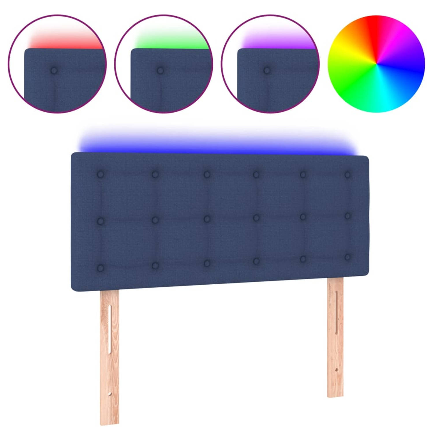 The Living Store Hoofdeind - LED-verlichting - Verstelbare hoogte - Comfortabele ondersteuning - Snijdbare LED-strip - Kleur- blauw - Materiaal- stof - hout - Afmetingen- 90x5x78/8