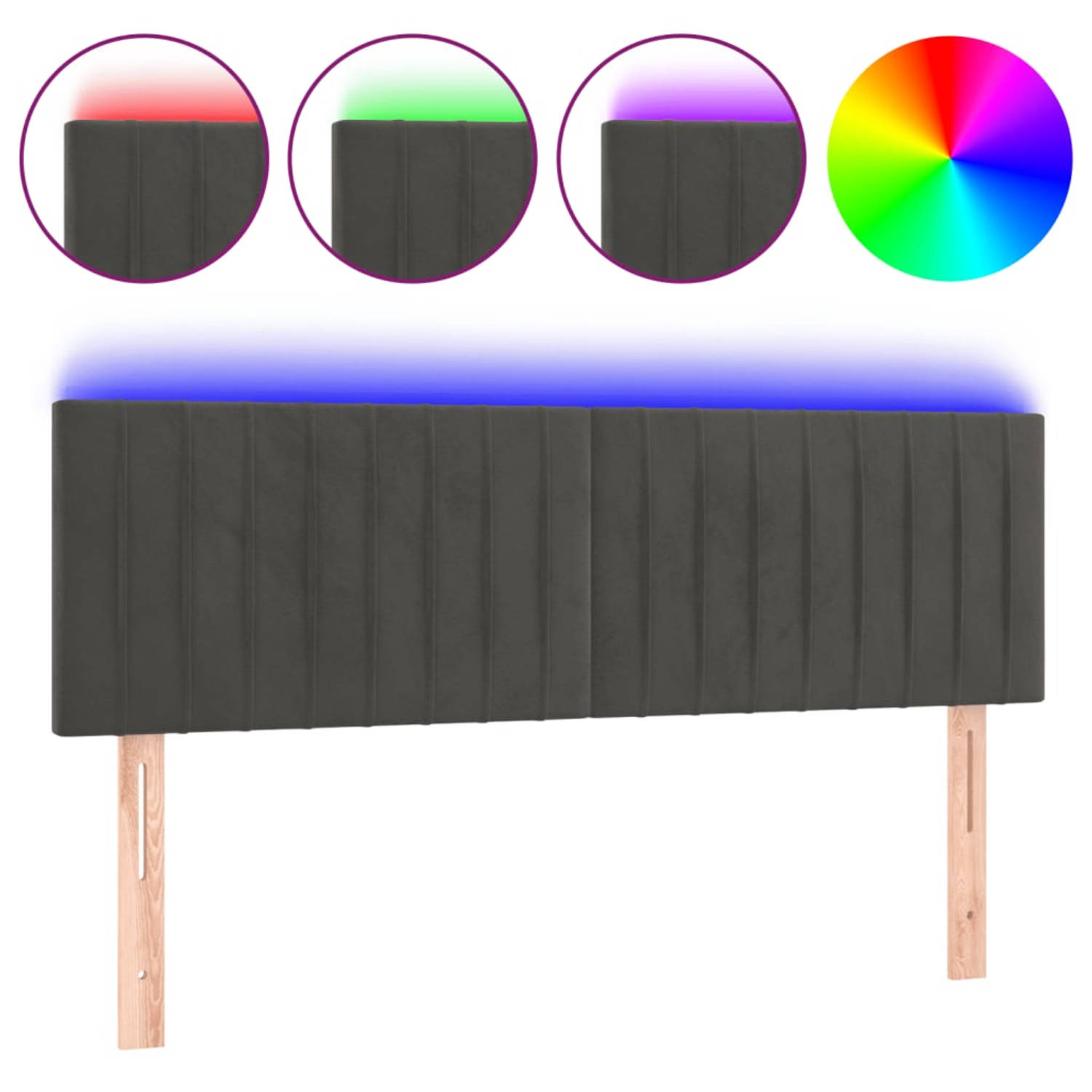 The Living Store Hoofdeind - Fluweel - LED-licht - Verstelbaar - Comfortabele ondersteuning - Snijdbare LED-strip - Donkergrijs - 144 x 5 x 78/88 cm