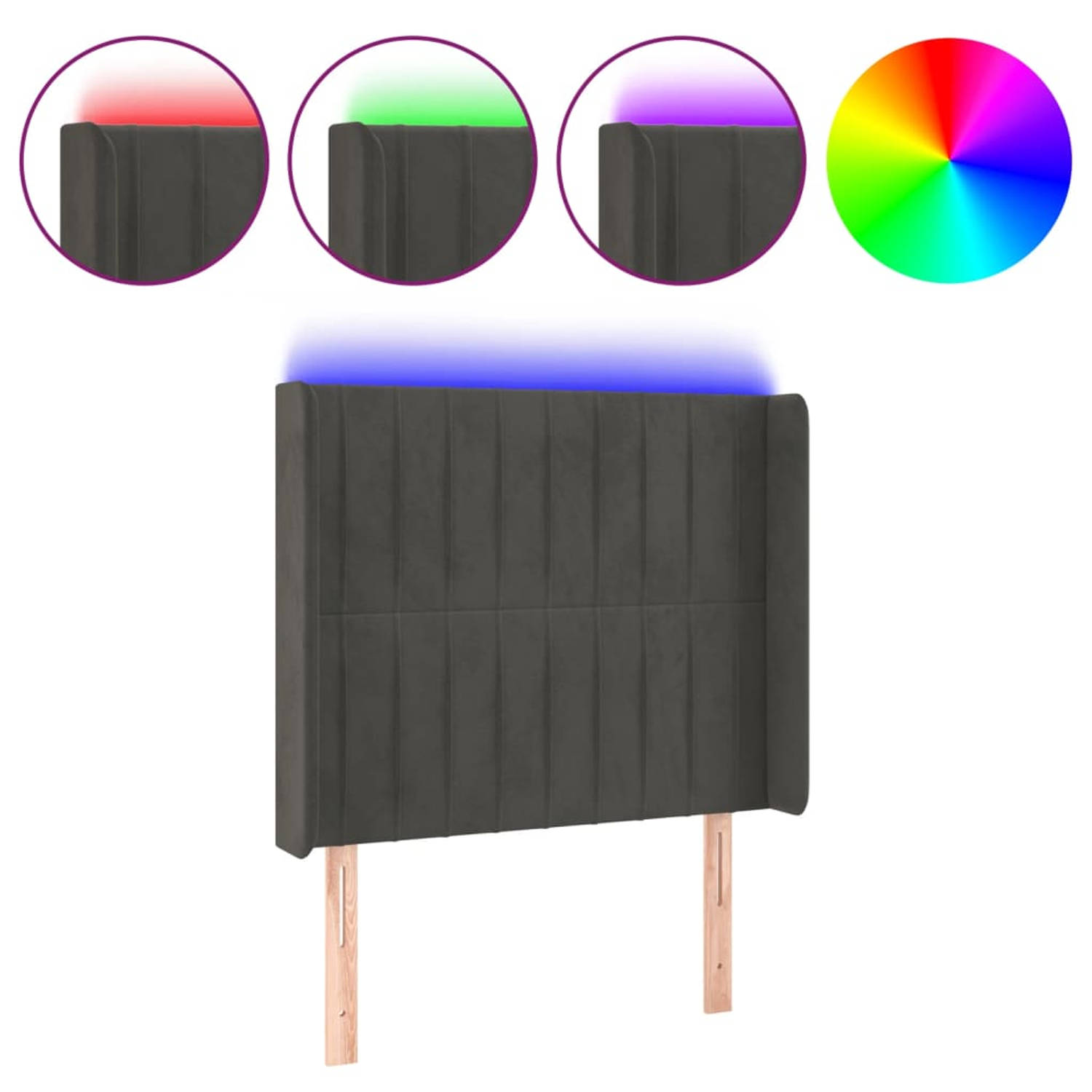 The Living Store Hoofdbord - Donkergrijs - 83x16x118/128 cm - Verstelbare hoogte - Schaarsymbool - Zacht fluweel - Kleurrijke LED-verlichting - Snijdbare LED-strip - USB-aansluitin