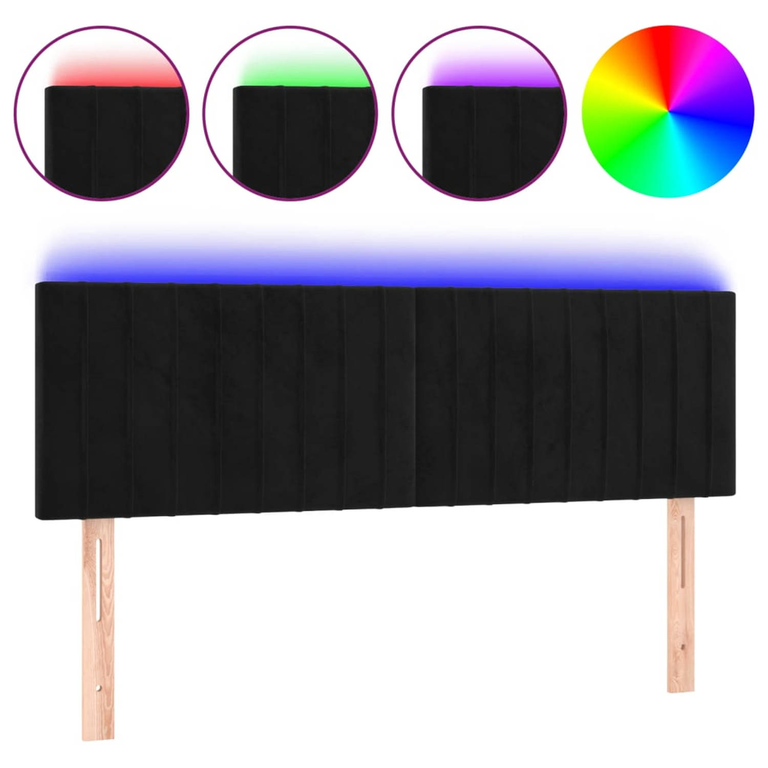 The Living Store Bedhoofdbord - LED - Verstelbare hoogte - Zwart - 144x5x78/88cm - Zacht fluweel - Kleurrijke LED-verlichting - Snijdbare LED-strip - Montagehandleiding inbegrepen