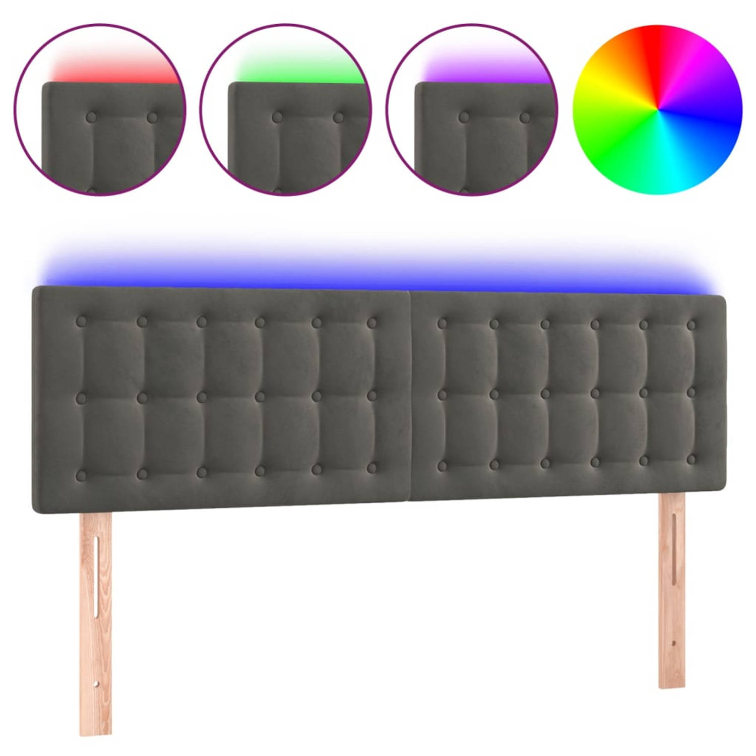 The Living Store LED-hoofdbord Donkergrijs - 144 x 5 x 78/88 cm - Fluwelen stof - Kleurrijke LED-verlichting - Verstelbare hoogte - Comfortabele ondersteuning - Snijdbare LED-strip