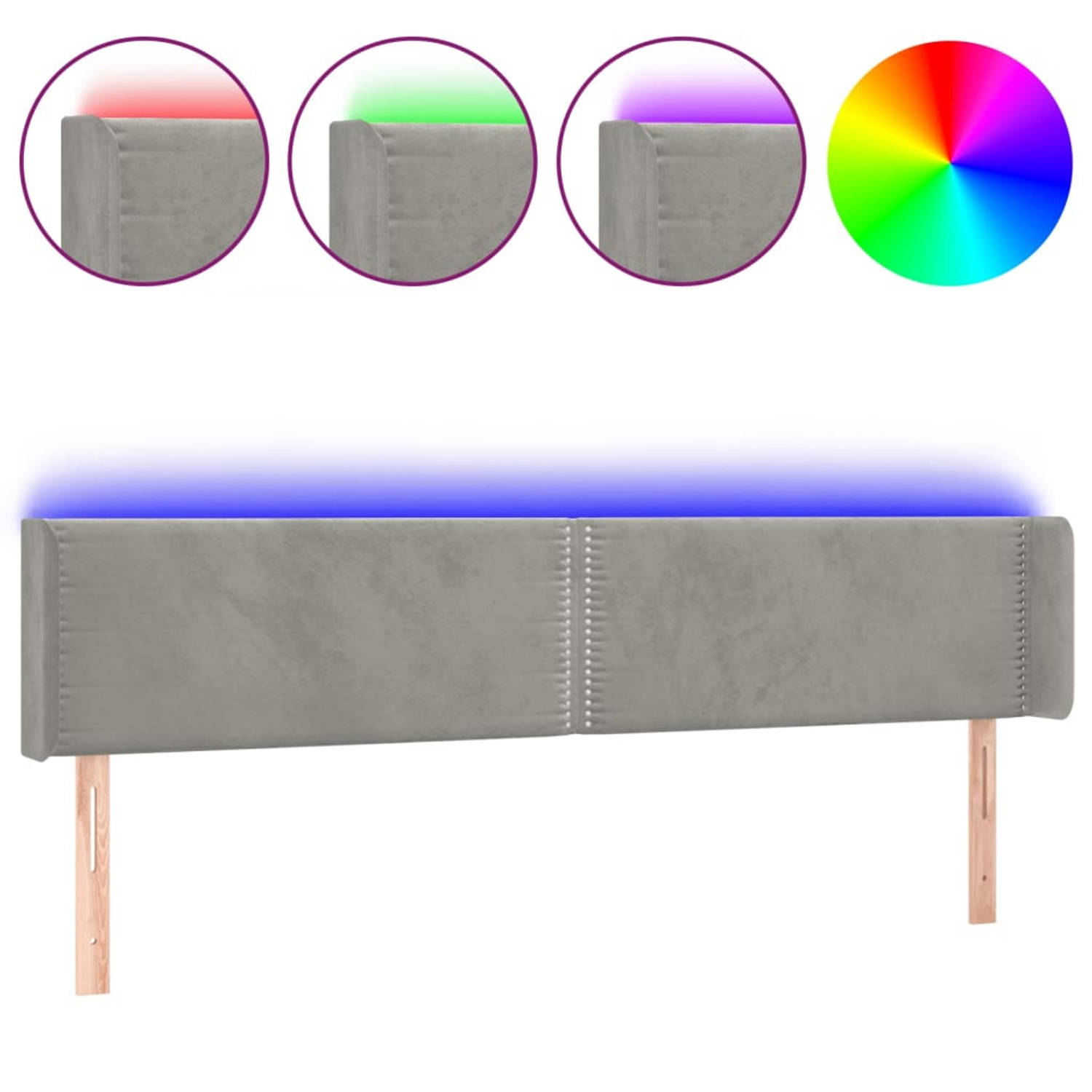 The Living Store Hoofdbord LED - Lichtgrijs - 183 x 16 x 78/88 cm - Verstelbaar - Zacht fluweel - Kleurrijke LED-verlichting - Snijdbare LED-strip - Inclusief montagehandleiding -