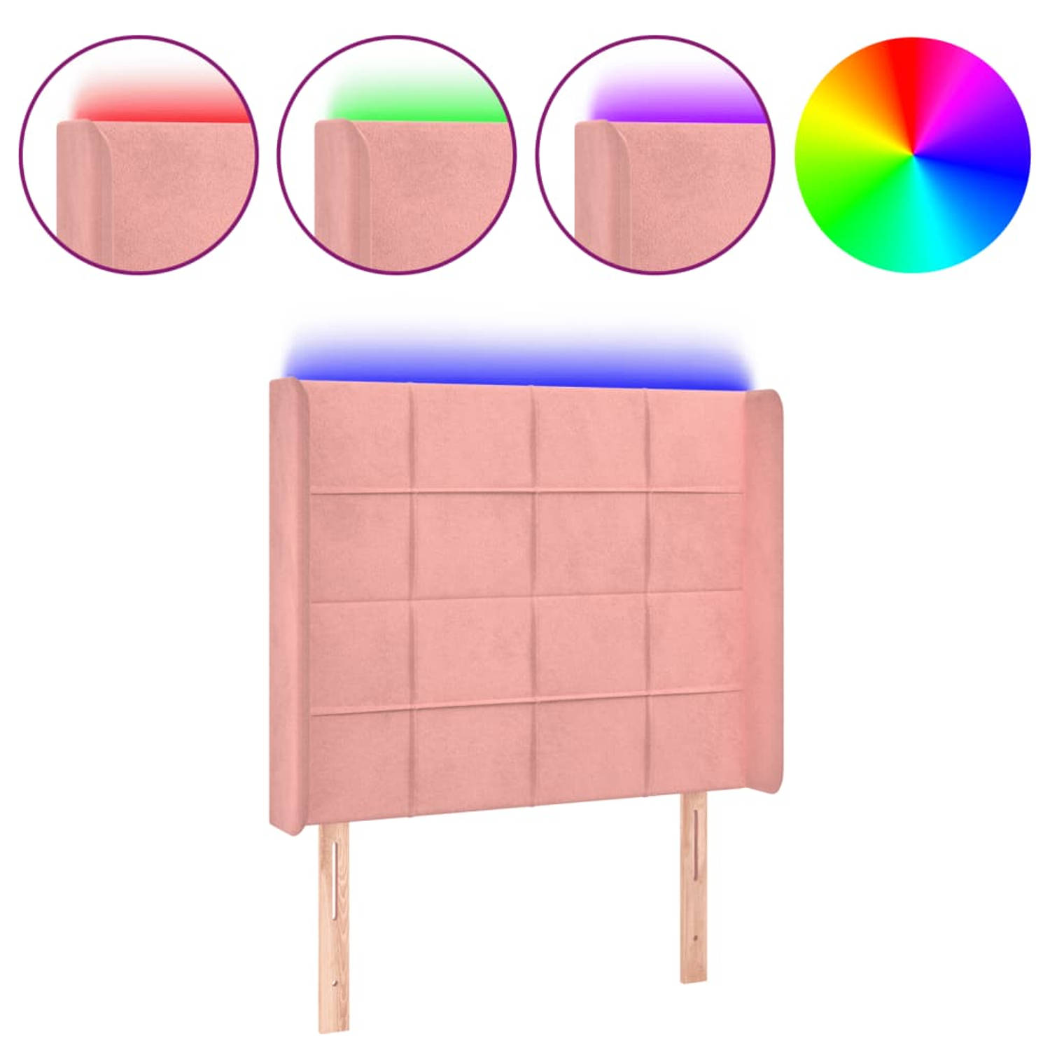 The Living Store Hoofdbord Fluweel - Roze - 83x16x118/128 cm - Verstelbaar - LED Incl - LED-strip 55 cm - USB 150 cm - IP65