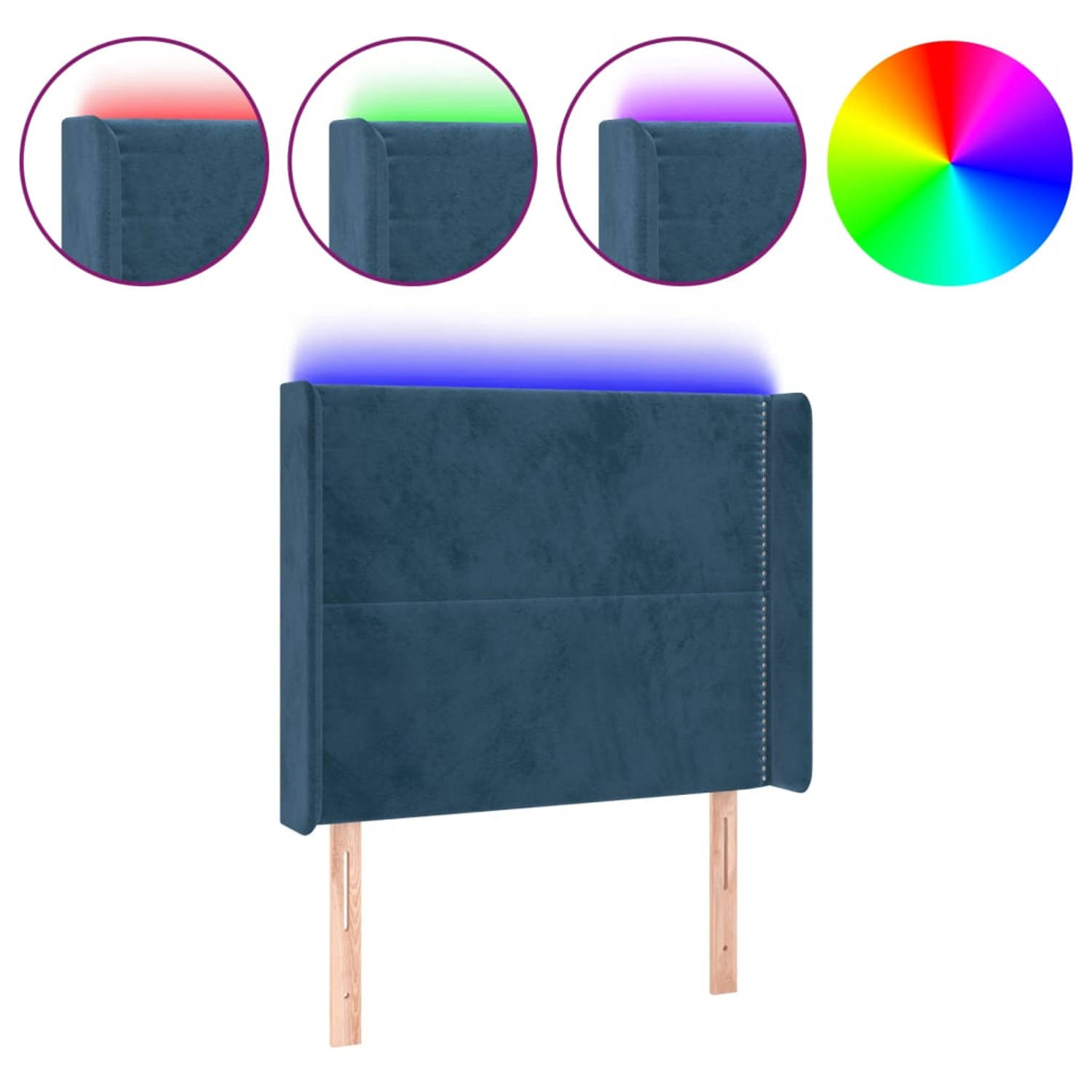 The Living Store Hoofdbord LED-Donkerblauw - 93x16x118/128 cm - Verstelbare Hoogte - Zacht Fluweel - Kleurrijke LED-verlichting - Snijdbare LED-strip - Montagehandleiding Inbegrepe