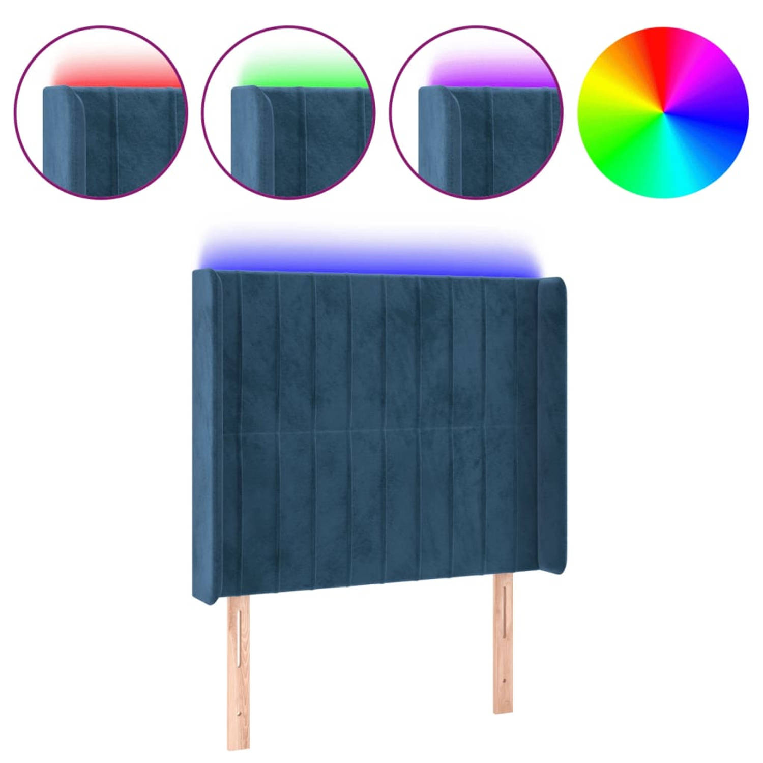 The Living Store Hoofdbord met Randen - LED - Fluweel - Verstelbare Hoogte - Comfortabele Ondersteuning - Snijdbare LED-strip - Donkerblauw - 83x16x118/128 cm