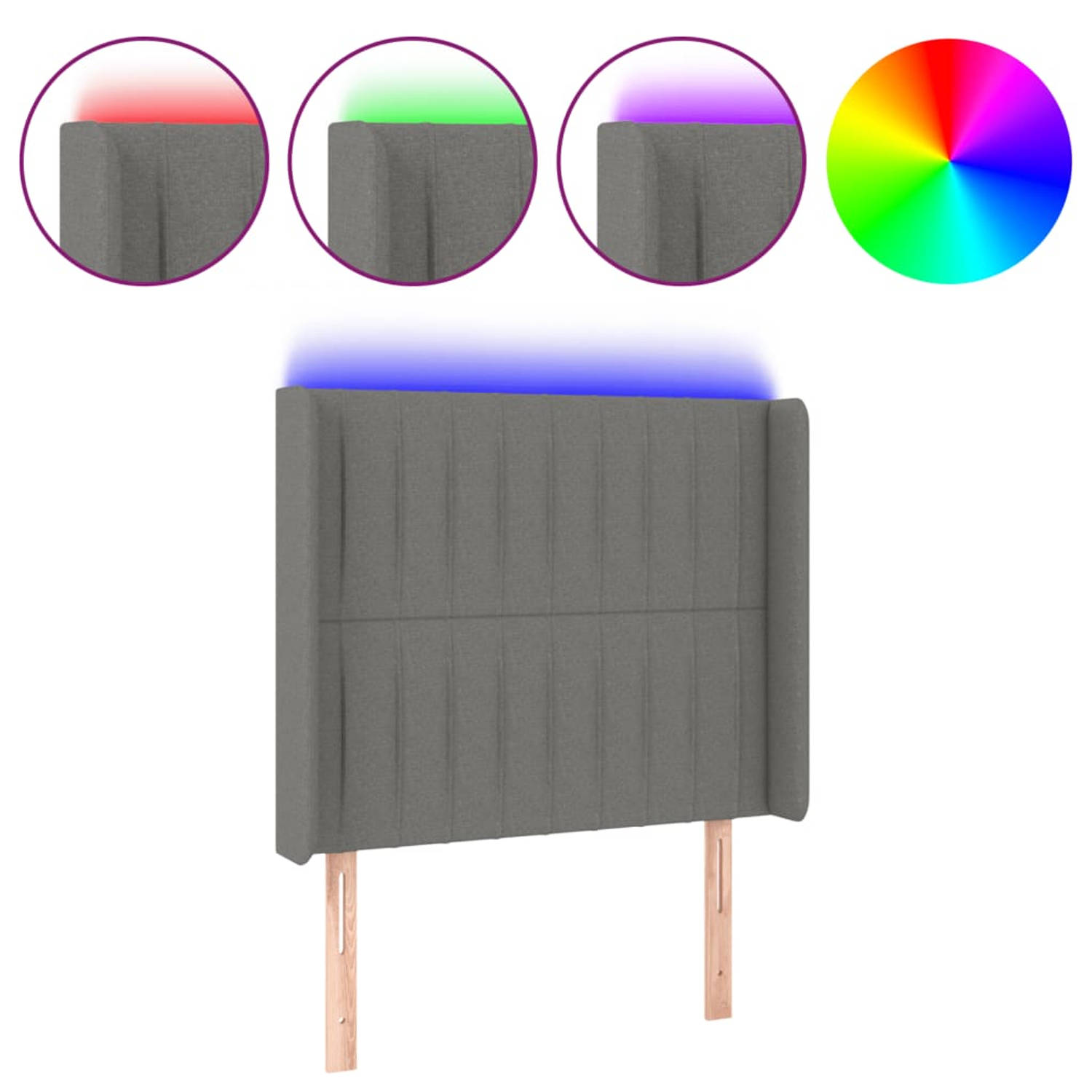 The Living Store Hoofdbord LED-strip - Donkergrijs - 93x16x118/128 cm - Duurzaam materiaal - Kleurrijke LED-verlichting - Verstelbare hoogte - Comfortabele ondersteuning - Snijdbar