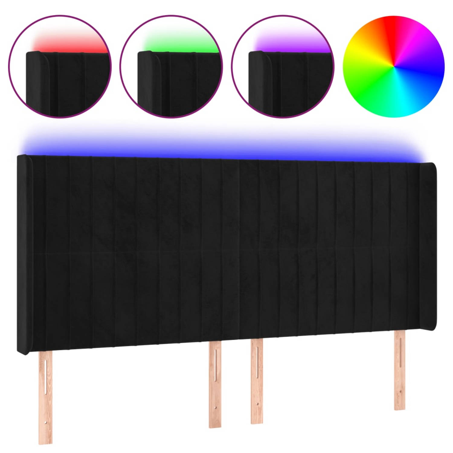 The Living Store Hoofdbord - Klassiek - Zacht fluweel - Kleurrijke LED-verlichting - Verstelbare hoogte - Comfortabele ondersteuning - Snijdbare LED-strip - Zwart - 163 x 16 x 118/