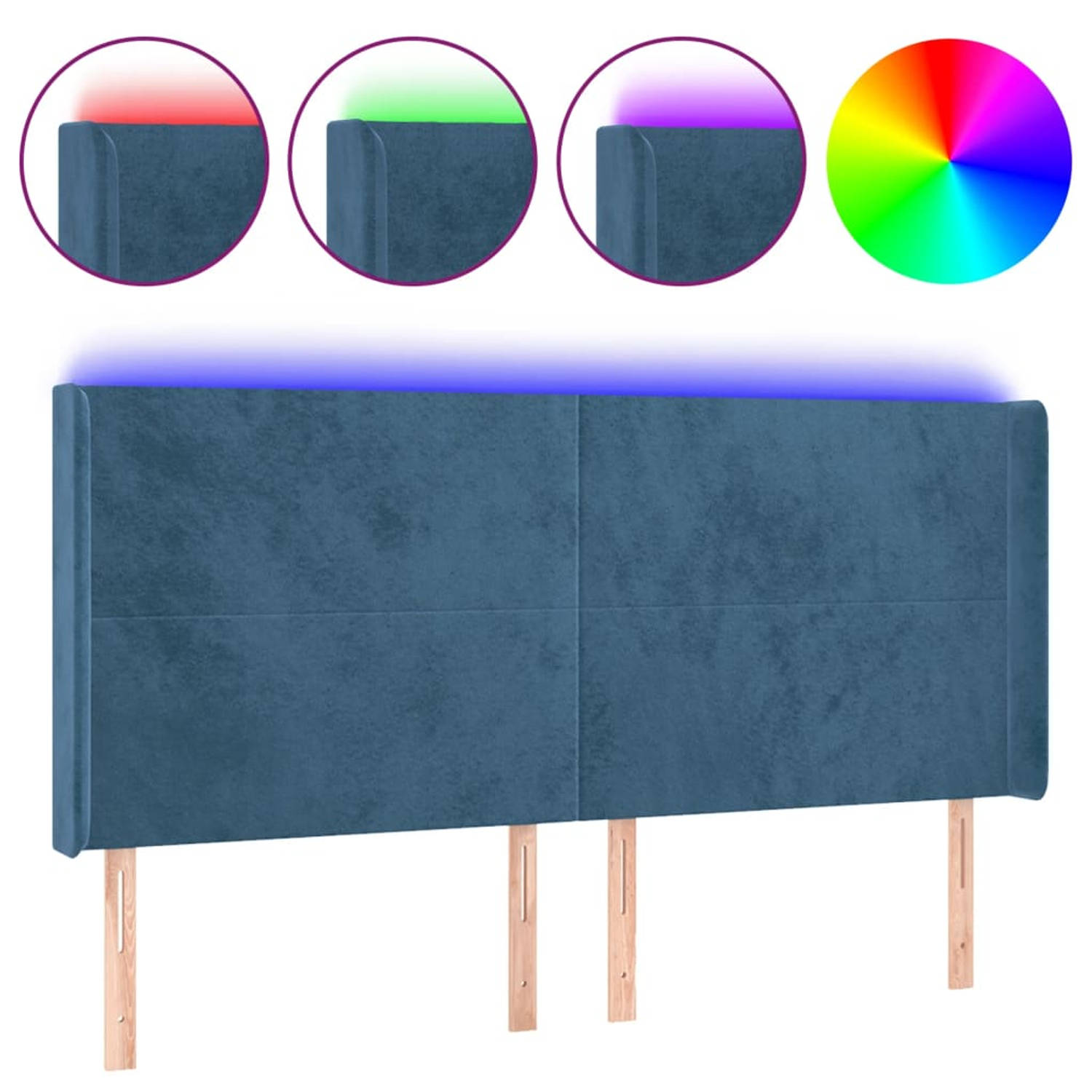 The Living Store Hoofdbord LED donkerblauw - 163 x 16 x 118/128 cm - verstelbare hoogte - zacht fluweel - kleurrijke LED-verlichting - snijdbare LED-strip - comfortabele ondersteun