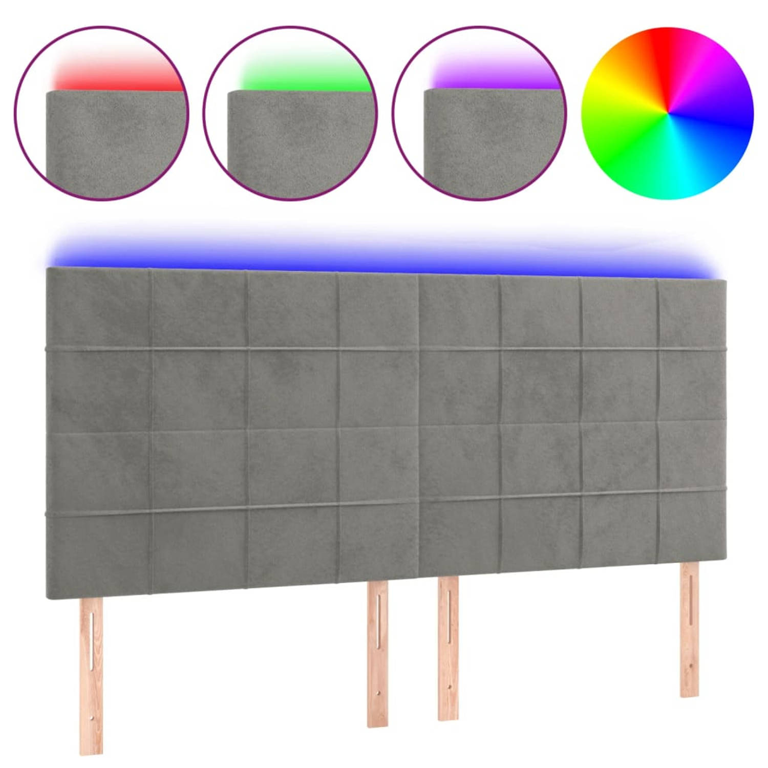 The Living Store Hoofdbord LED 200x5x118/128 cm fluweel lichtgrijs - Bedonderdeel